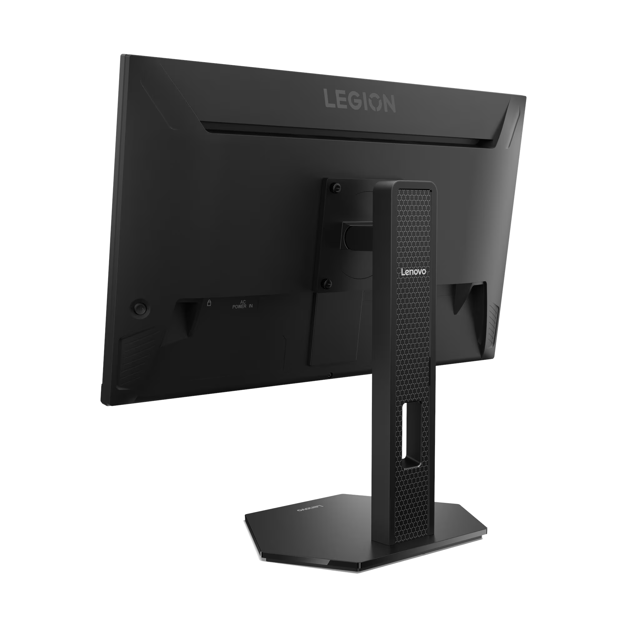 Monitor Lenovo Legion negro. Vista trasera con el logo Legion. Un soporte sostiene la pantalla.