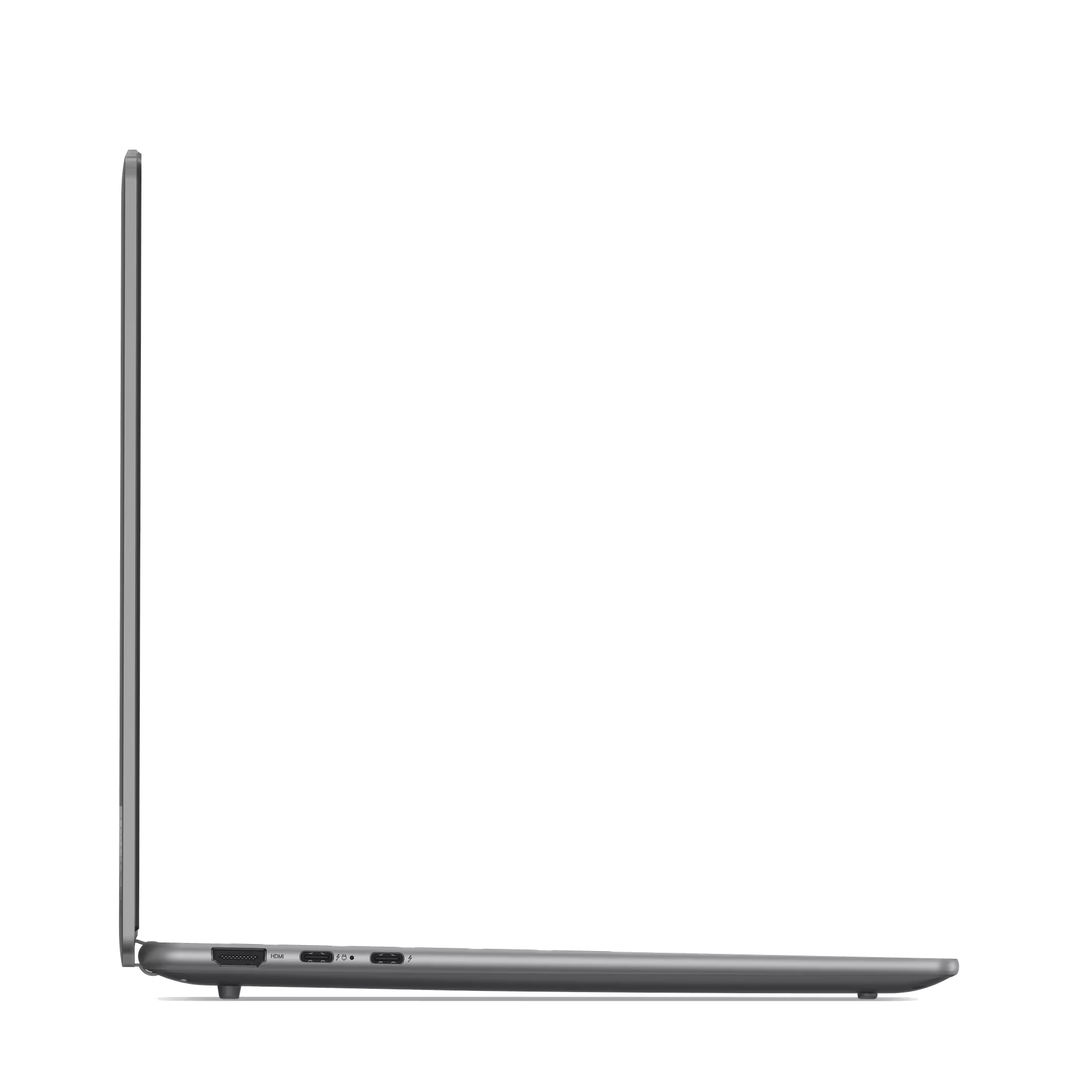 Vista lateral de un portátil plateado. Los puertos visibles incluyen HDMI y USB-C. La pantalla está cerrada. Fondo negro.