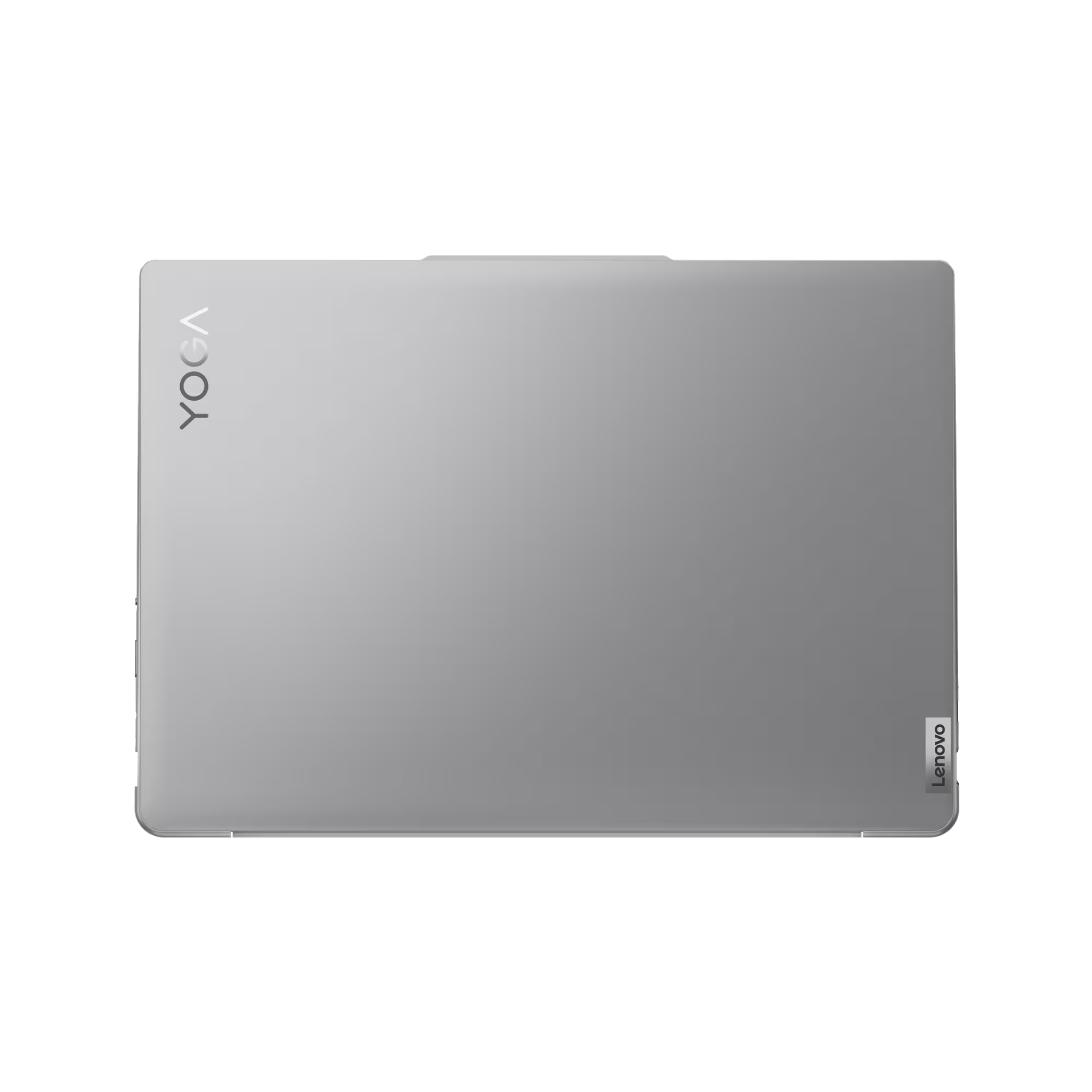 Portátil Lenovo Yoga plateado sobre fondo negro. Los logotipos Lenovo y YOGA son visibles.