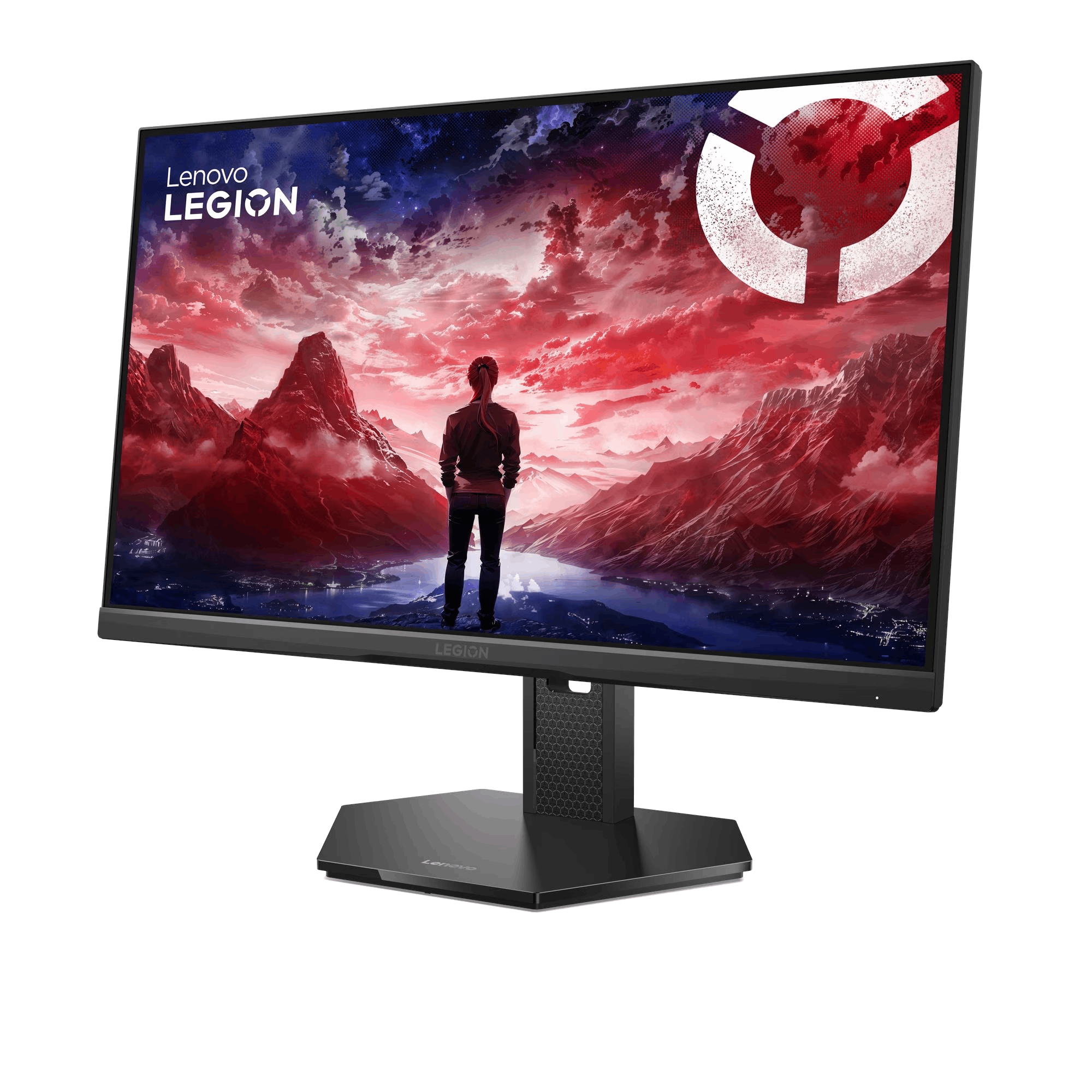 El monitor Lenovo Legion muestra a una persona que contempla montañas rojas. La pantalla tiene un logotipo blanco en la esquina superior derecha.