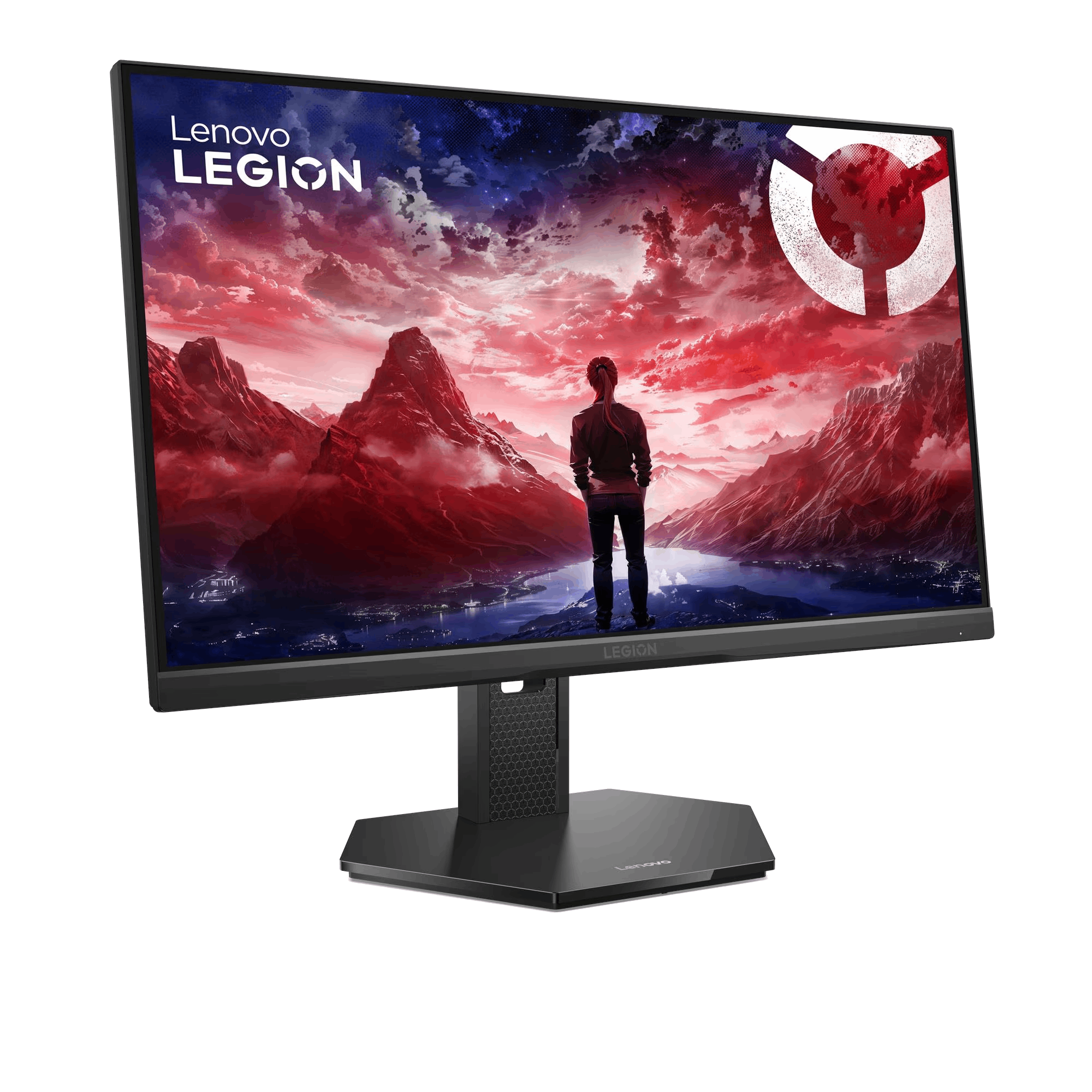 El monitor Lenovo Legion muestra a una persona que contempla un paisaje rojo. El monitor es negro con un soporte negro sobre un fondo negro.