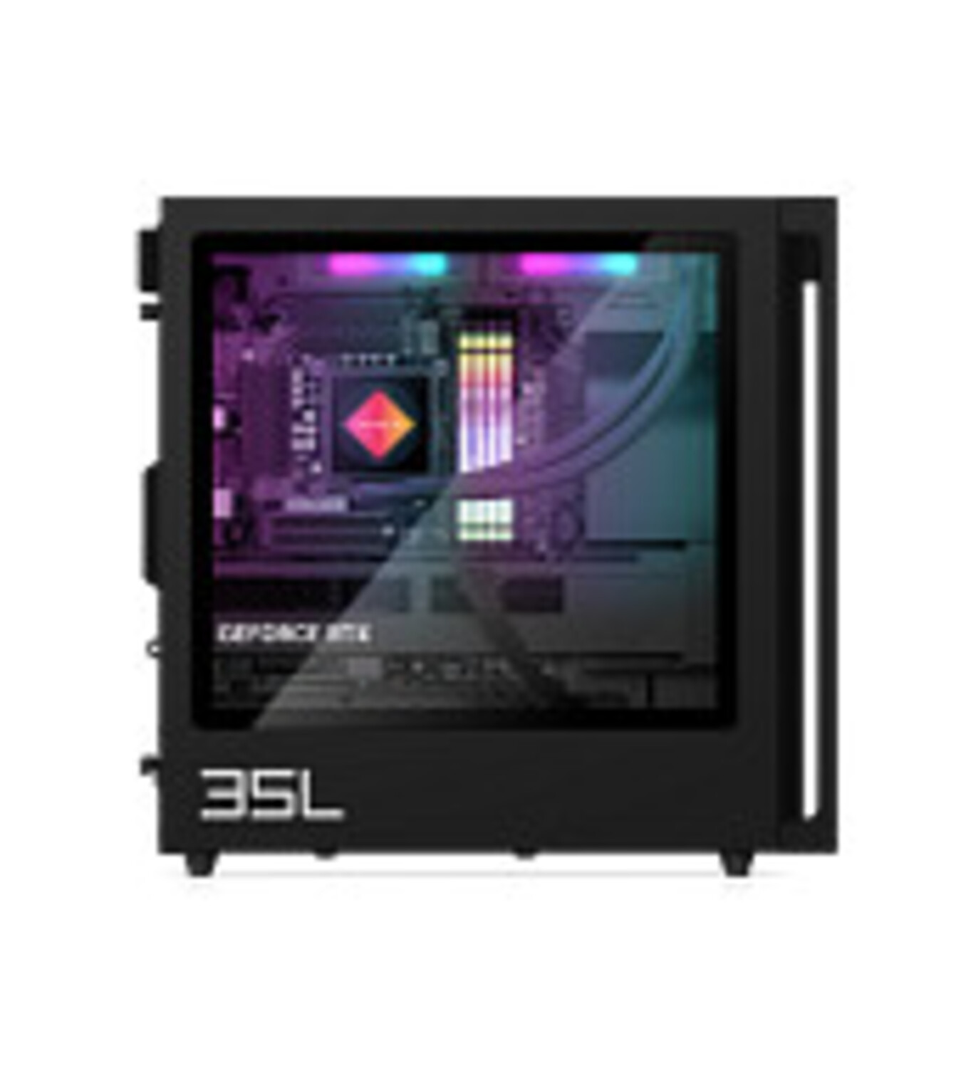 Carcasa de computadora negra con panel lateral transparente que muestra componentes internos con LEDs de colores. 35L en la parte delantera.
