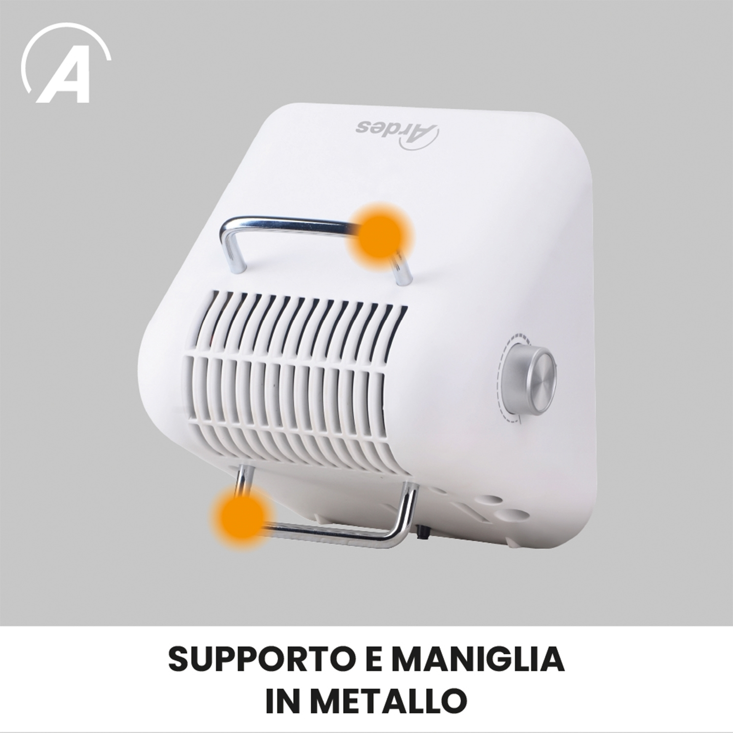 Un termoventilatore Ardes bianco con maniglia e supporto in metallo, e una manopola di controllo. Lo sfondo è grigio.