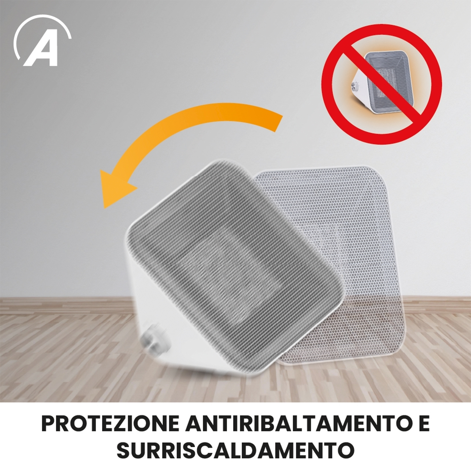 L'immagine mostra due stufe bianche. Una è in posizione verticale, l'altra inclinata. Un cerchio rosso con una stufa sbarrata è in alto a destra.