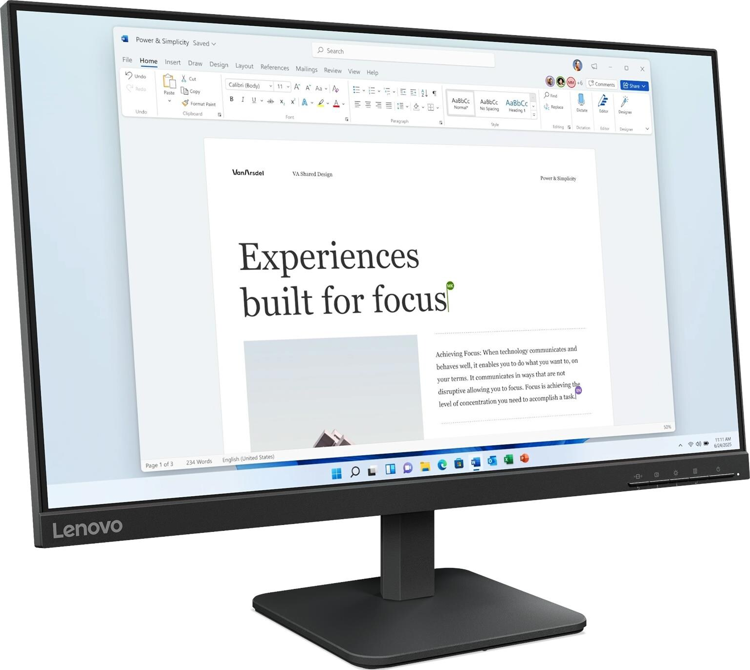 Monitor Lenovo che mostra un documento 'Experiences built for focus' su un documento Word bianco.