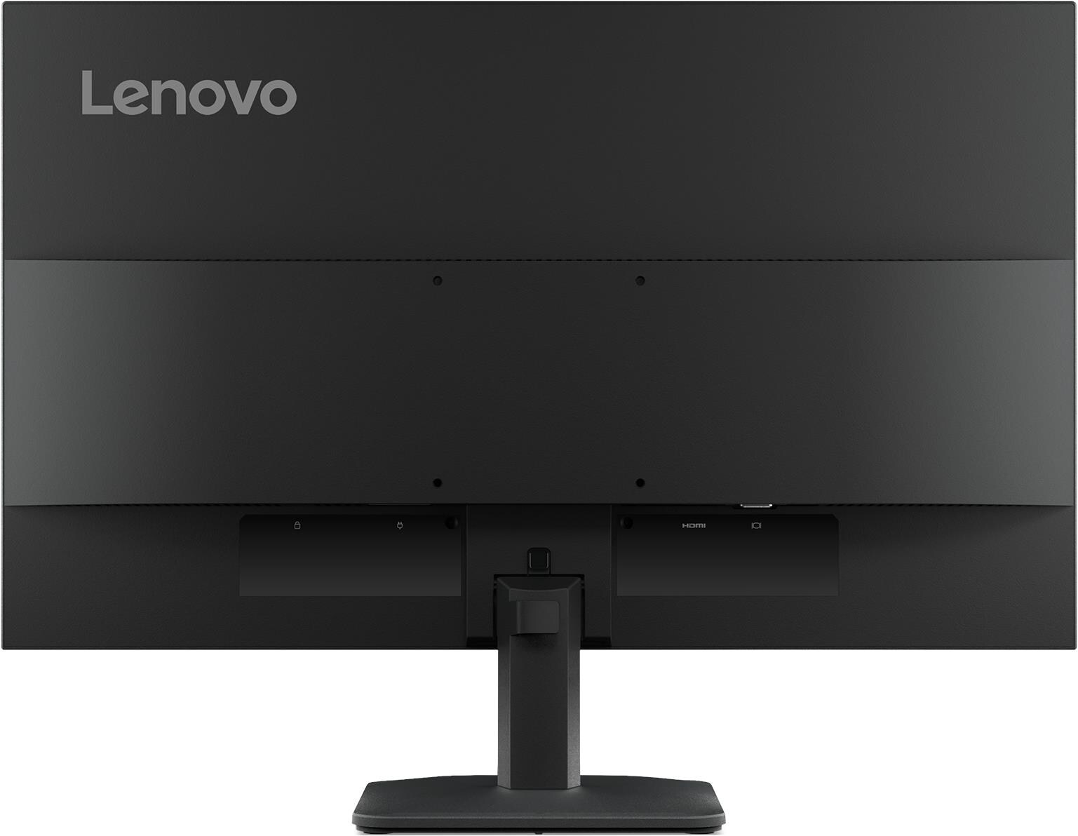 Il retro di un monitor Lenovo nero con il nome del marchio in alto. Ha porte in basso e un supporto.