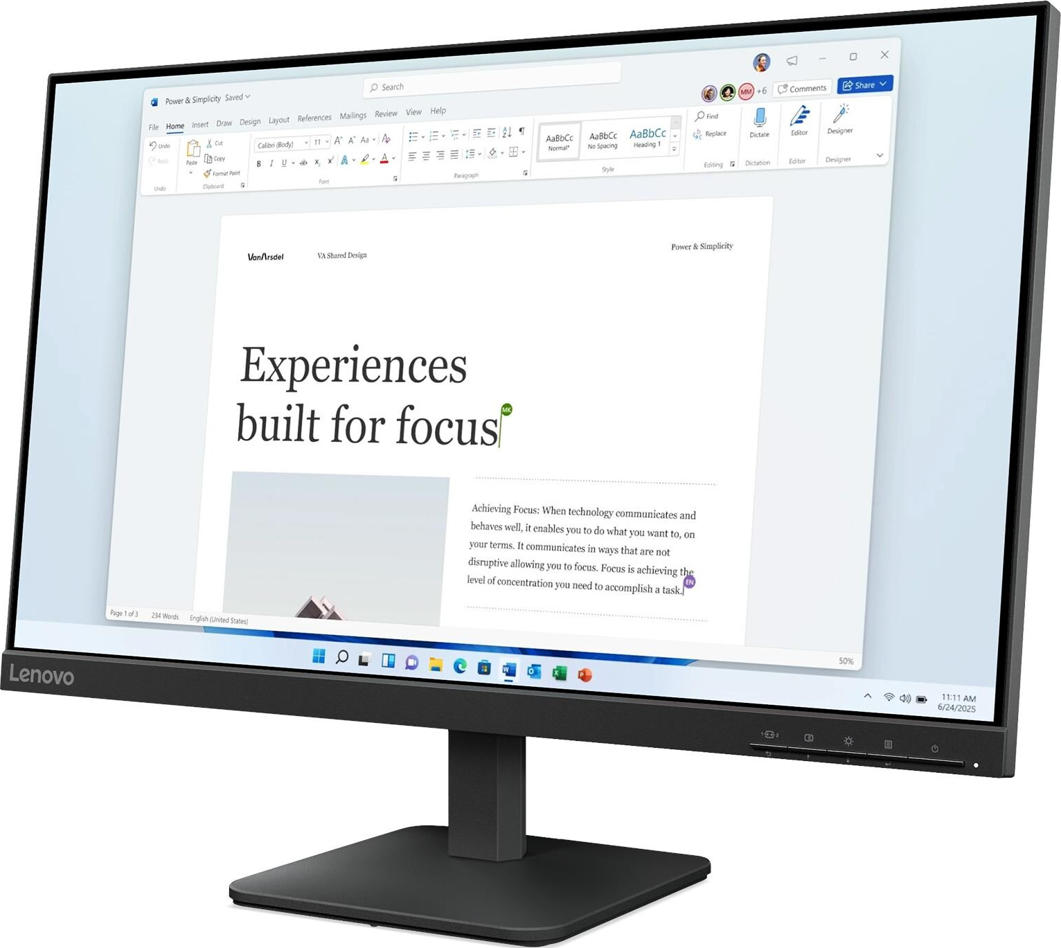 Un monitor Lenovo che mostra un documento in Microsoft Word. Il documento ha il titolo 'Experiences built for focus'.