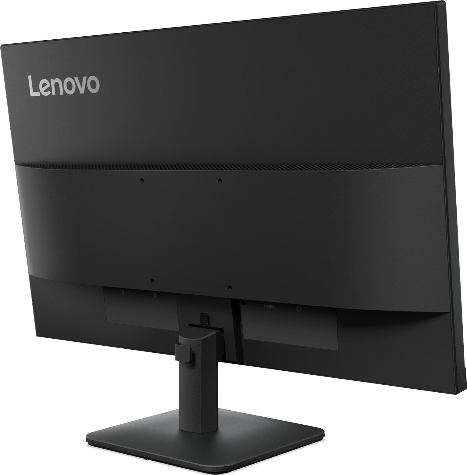 È visibile il retro di un monitor Lenovo nero, con il marchio in argento. Ha un supporto e una porta HDMI.