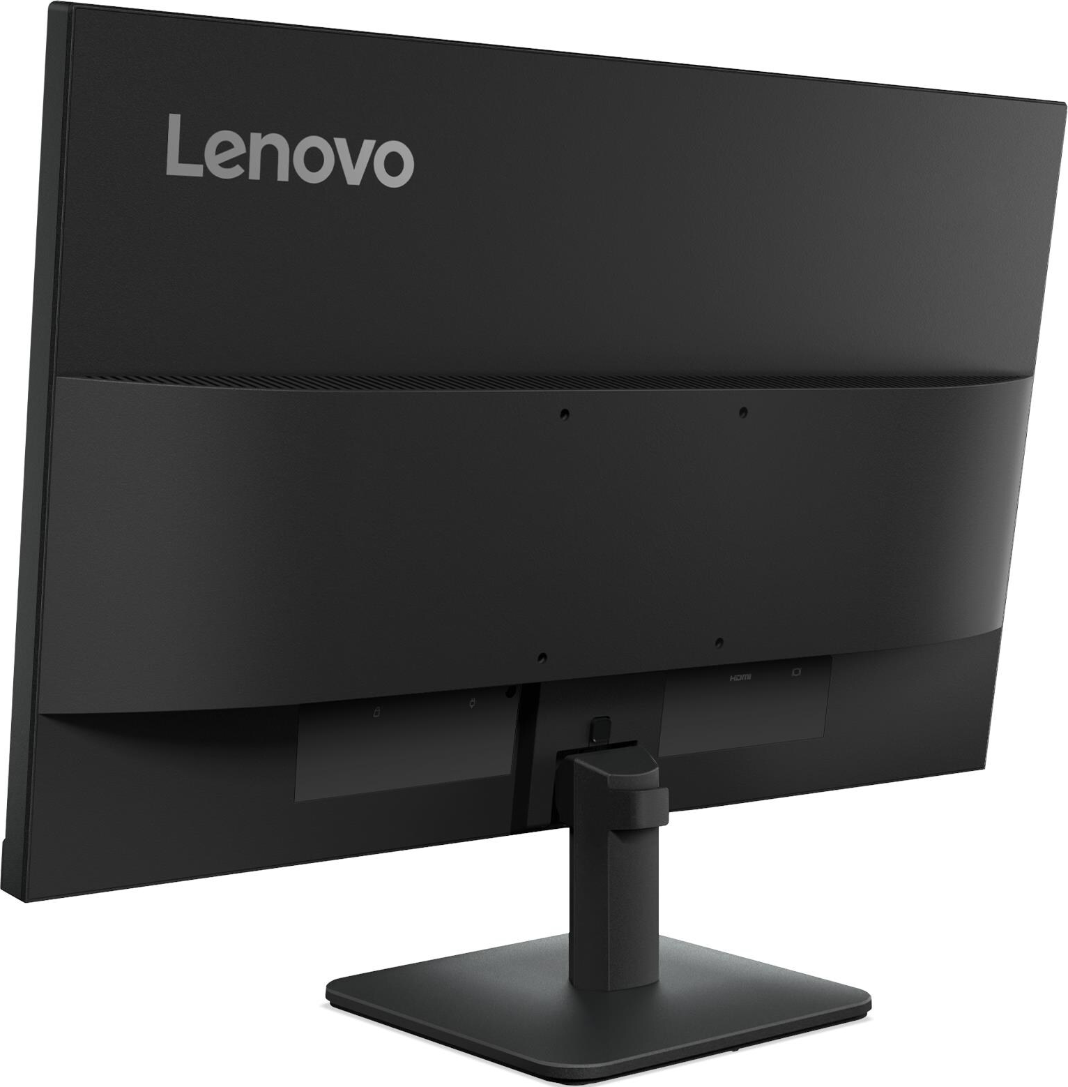Viene mostrato il retro di un monitor Lenovo nero. Ha un supporto, con porte per HDMI e altre connessioni.