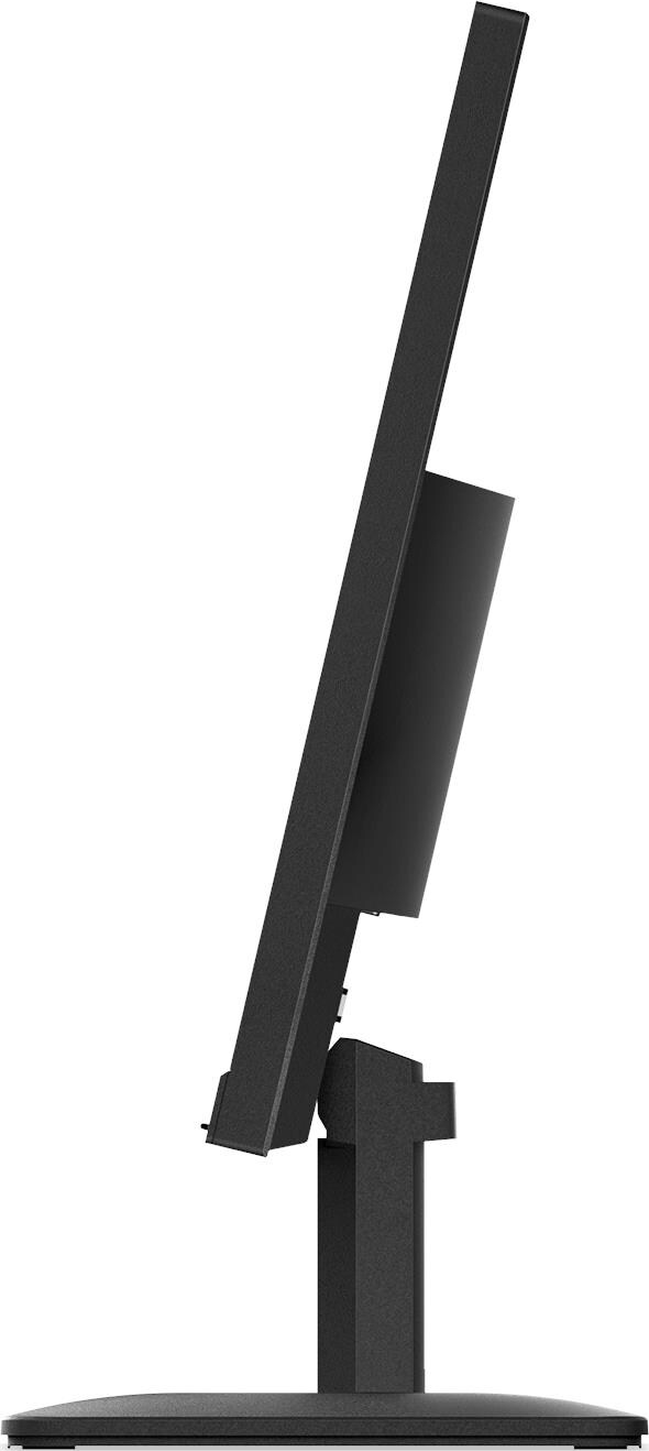 Un monitor per computer nero su un supporto. Lo schermo è angolato. Il supporto ha una base, un supporto verticale e un braccio angolato.