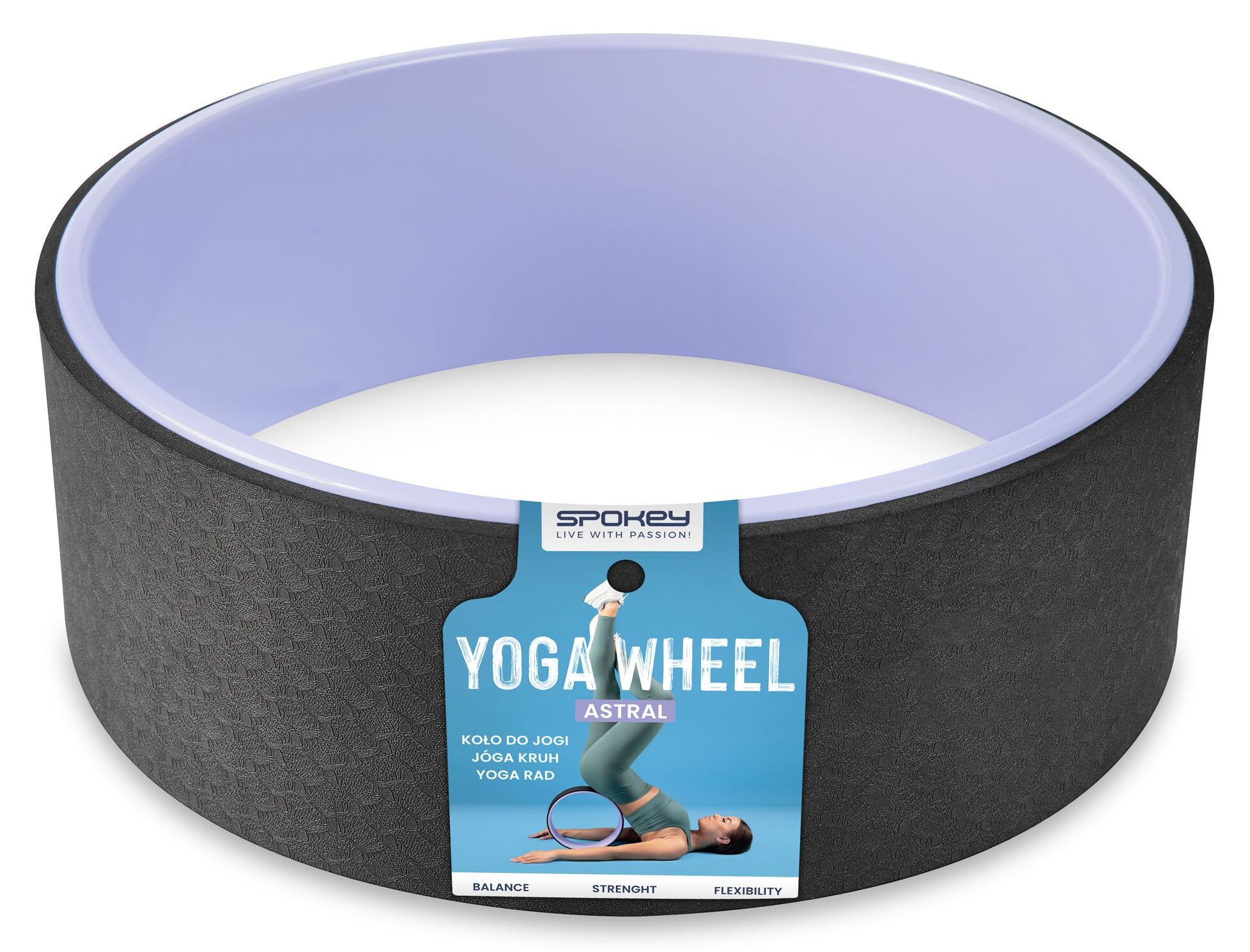 Koło do jogi z kobietą demonstrującą pozę. Koło jest czarne z fioletowym wnętrzem. Etykieta mówi Yoga Wheel Astral.