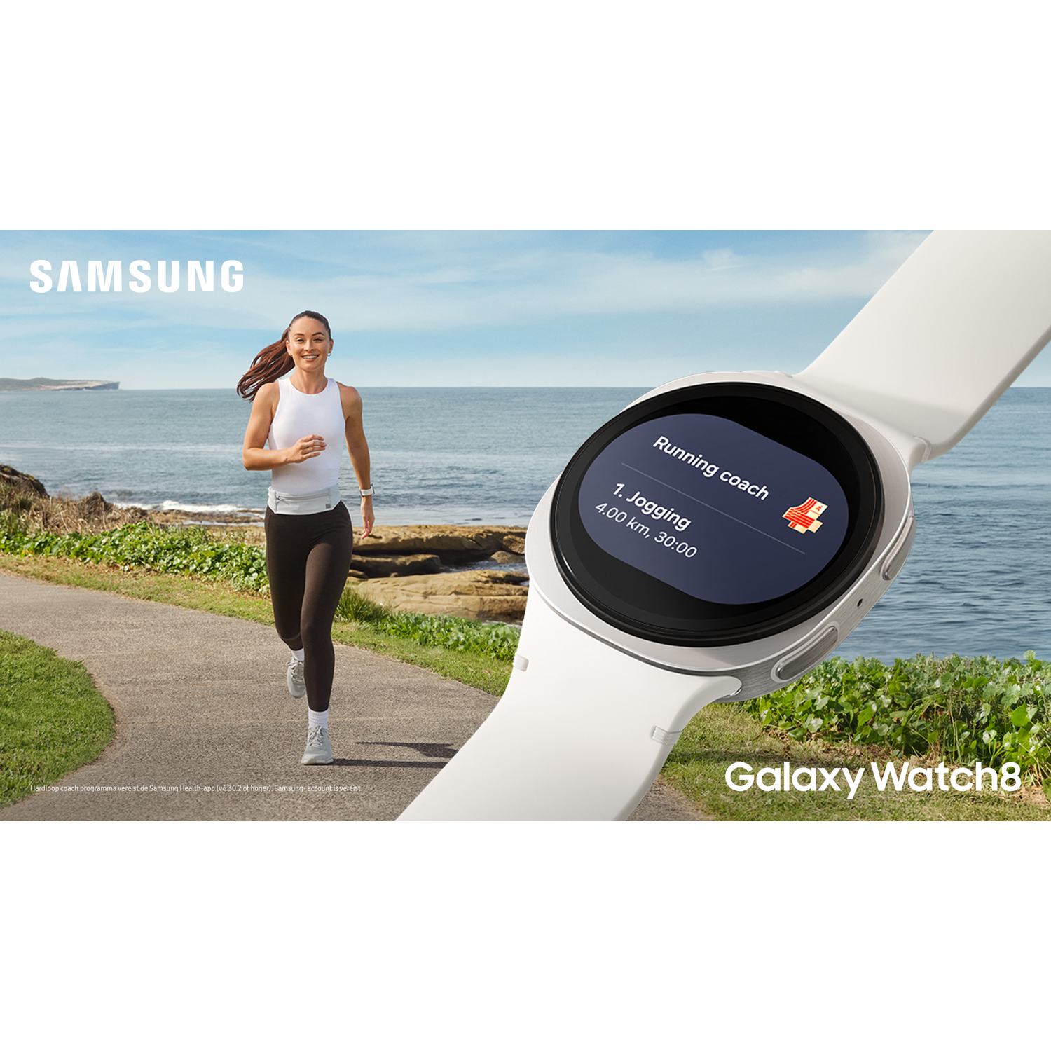 A woman runs on a path beside the ocean. A white smartwatch displays running data. Samsung and Galaxy Watch8 are visible.