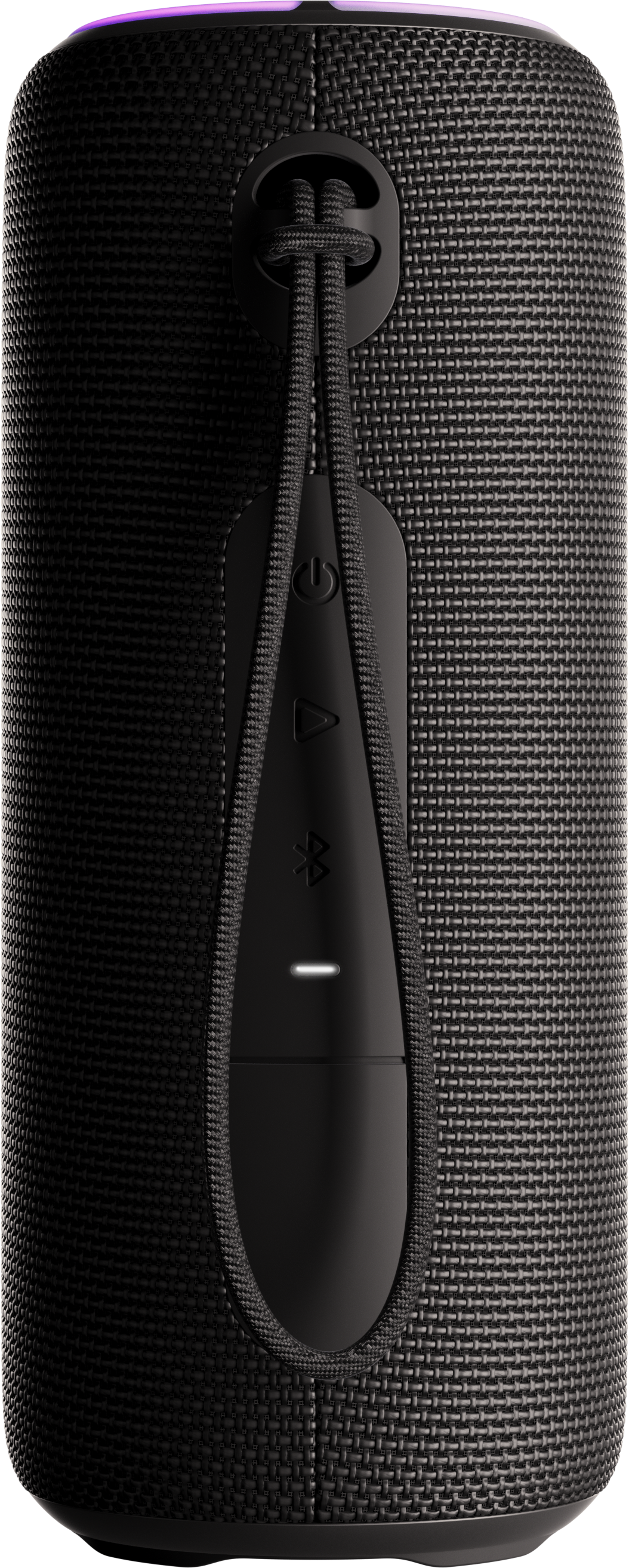 Fekete, hengeres hangszóró, szövet textúrával. Bekapcsoló-, lejátszás- és Bluetooth gombok.