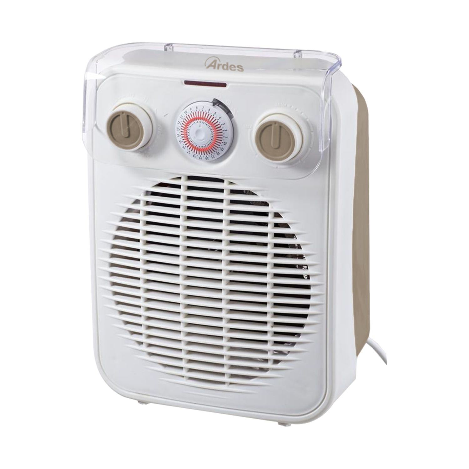 Un termoventilatore elettrico Ardes bianco e beige con timer e due manopole di controllo. Ha una ventola e una copertura trasparente.