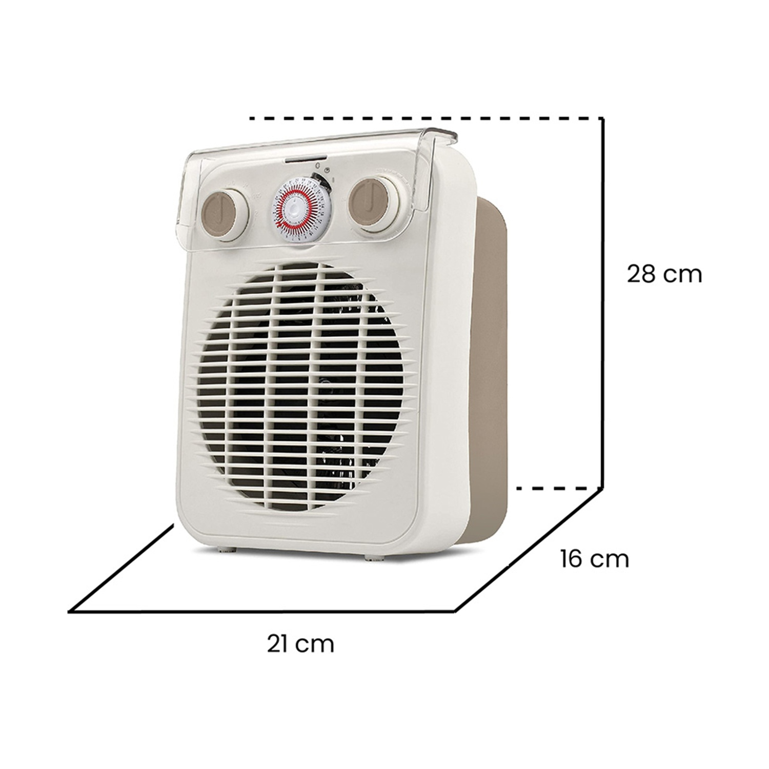 Un termoventilatore elettrico bianco e beige. Ha una ventola e manopole di controllo. Dimensioni: 21x16x28cm.