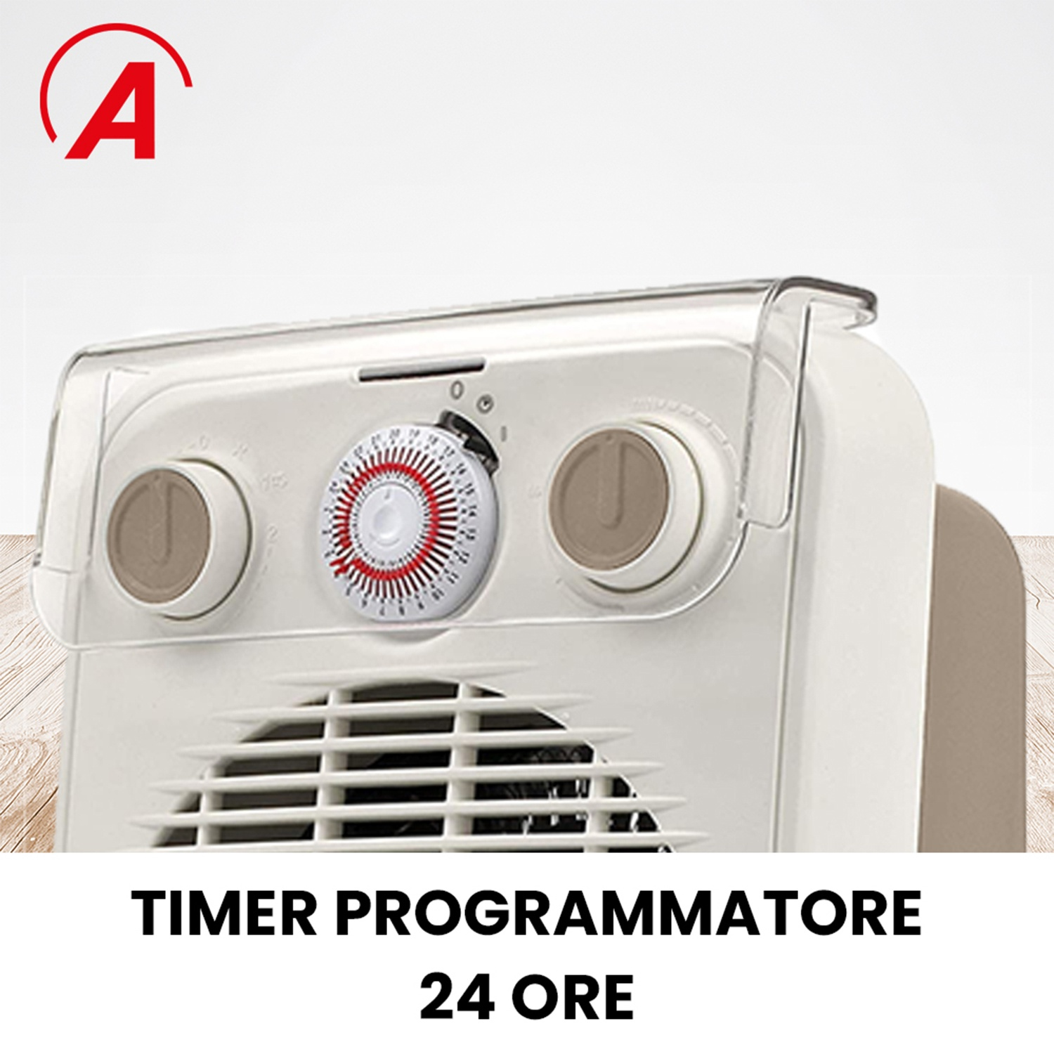Un timer beige con quadrante rosso e bianco, due manopole marroni e una presa d'aria. Il testo sottostante recita: 'TIMER PROGRAMMATORE 24 ORE'.