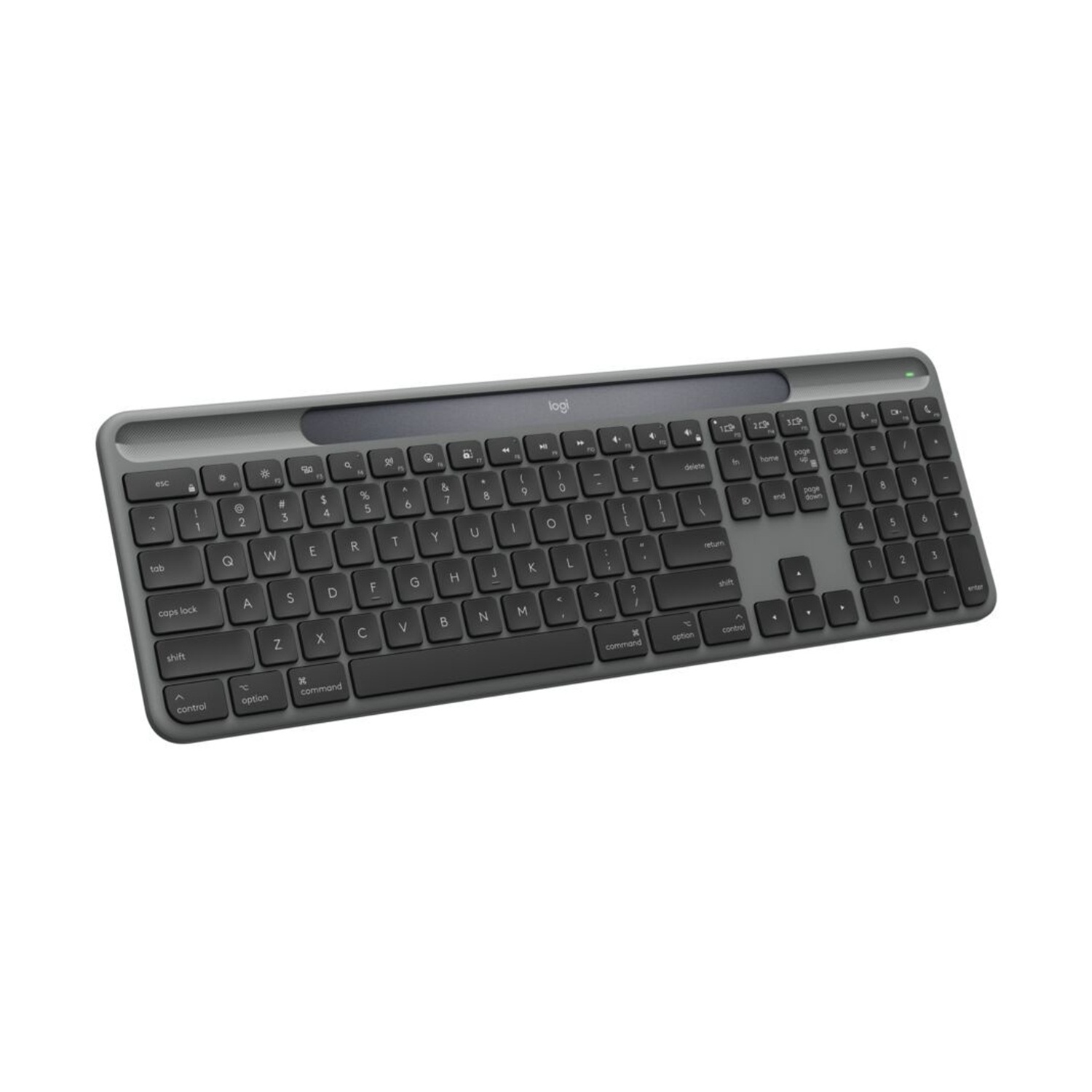 Una tastiera Logitech grigia su sfondo bianco. I tasti sono neri con lettere e numeri bianchi. È visibile un logo Logi.