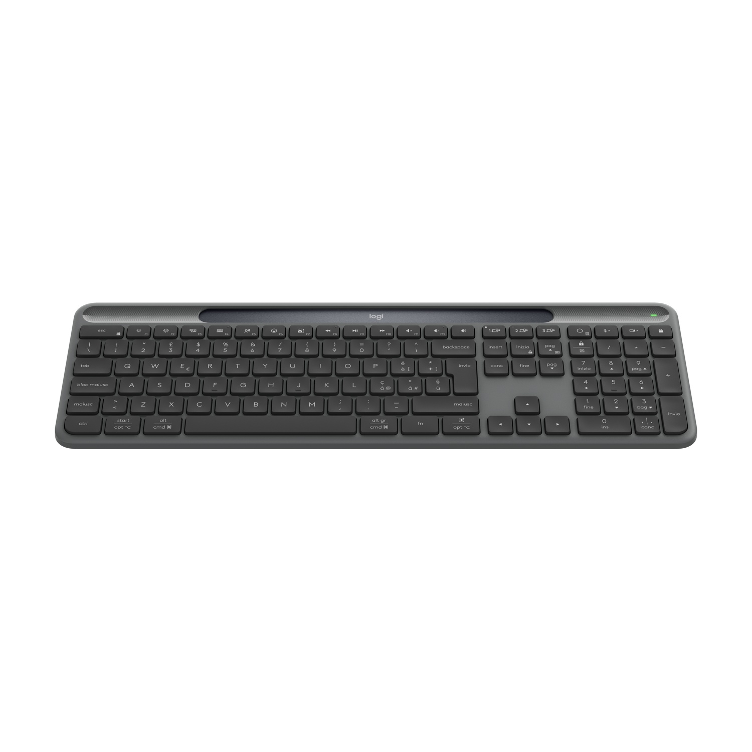 Una tastiera Logitech grigia. I tasti sono etichettati con lettere, numeri e simboli. La tastiera è su sfondo bianco.