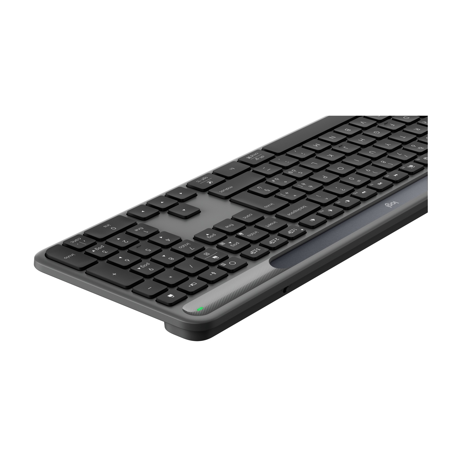 Una tastiera Logitech nera e grigia angolata su una superficie bianca. Sono visibili i tasti, comprese lettere, numeri e tasti funzione.