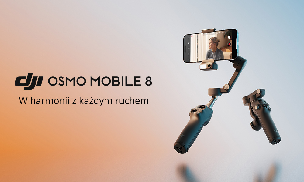 Stabilizator DJI Osmo Mobile 8 z telefonem pokazującym kobietę. Tekst: W harmonii z każdym ruchem.