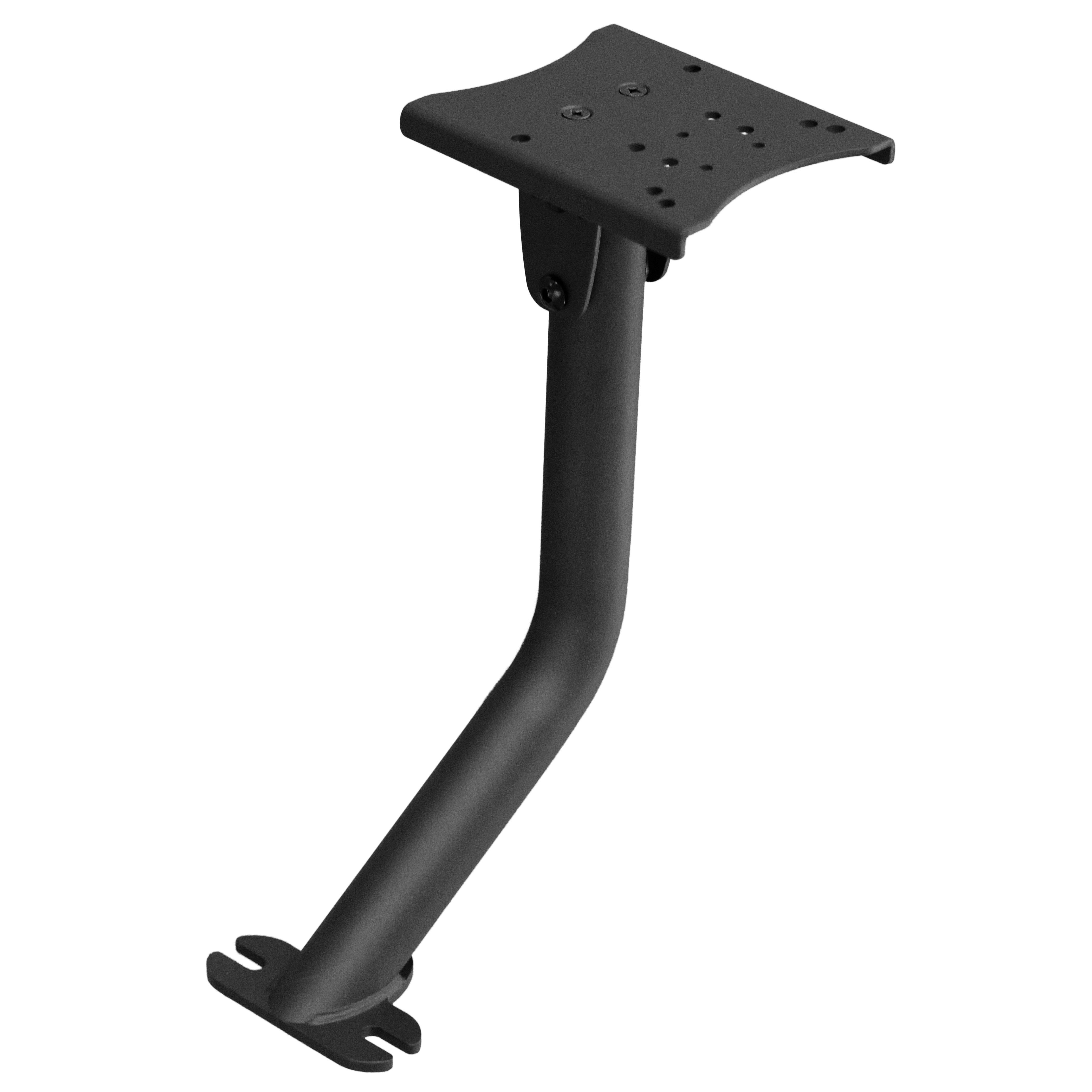 Eine schwarze, gebogene Metallhalterung auf weißem Hintergrund. Es hat eine flache Oberseite mit Löchern, einen gebogenen Arm und einen Sockel.