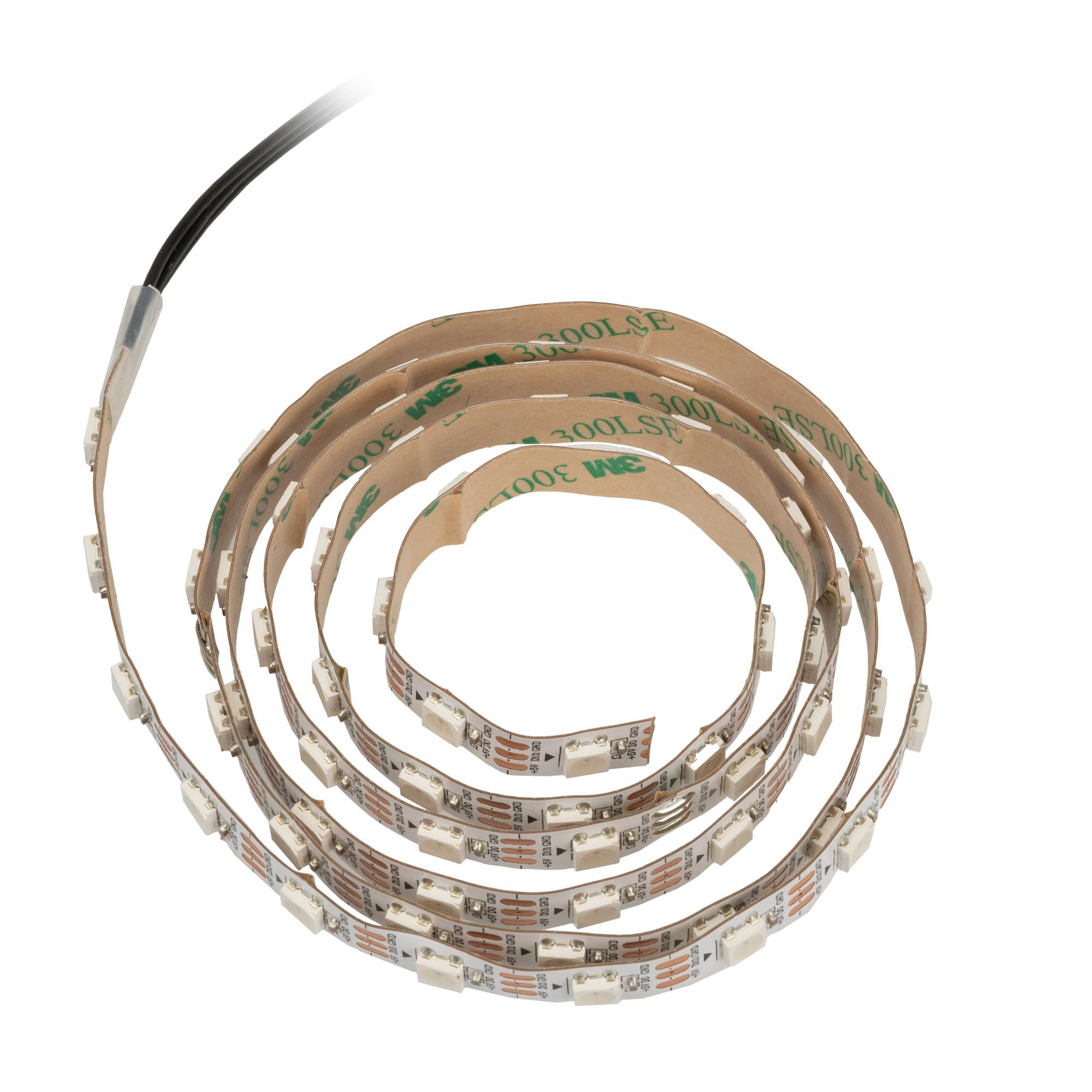 Aufgerollter LED-Lichtstreifen mit sichtbaren LEDs und 3M-Klebeband-Rückseite. Ein schwarzes Kabel ragt heraus.
