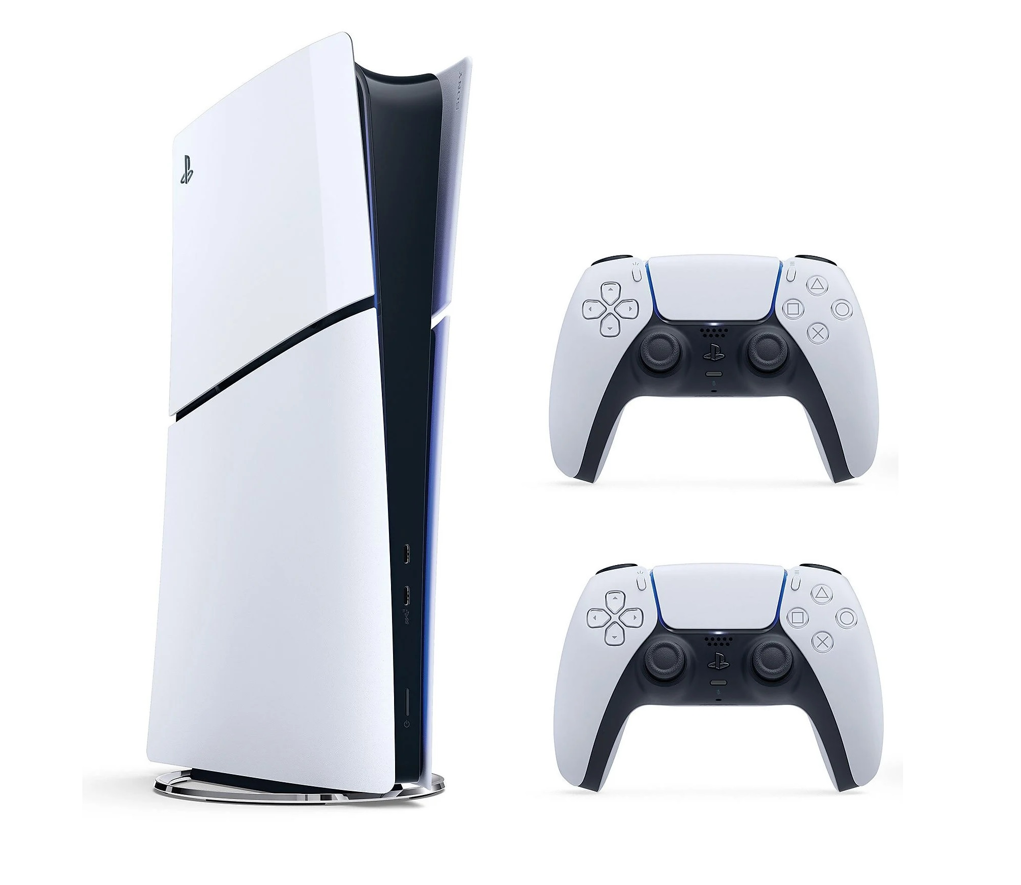 Biała konsola PlayStation 5 i dwa białe kontrolery na białym tle. Konsola jest ustawiona pionowo.