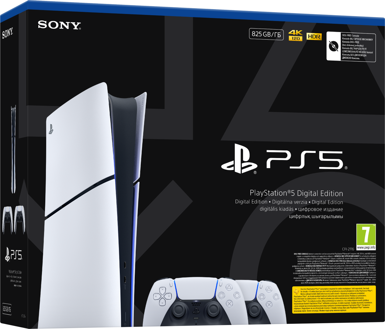 Pudełko konsoli PS5. Biała konsola, czarny kontroler i widoczne etykiety tekstowe.