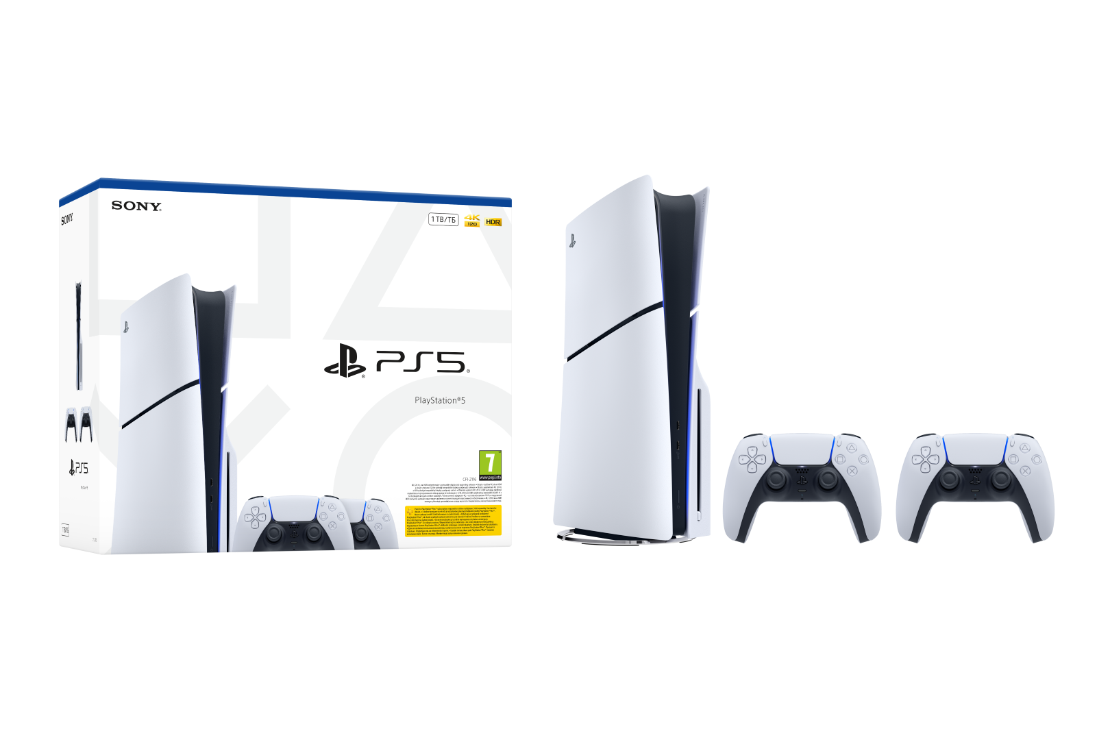 Konsola PlayStation 5, dwa kontrolery i pudełko na czarnym tle. Konsola jest biało-czarna.