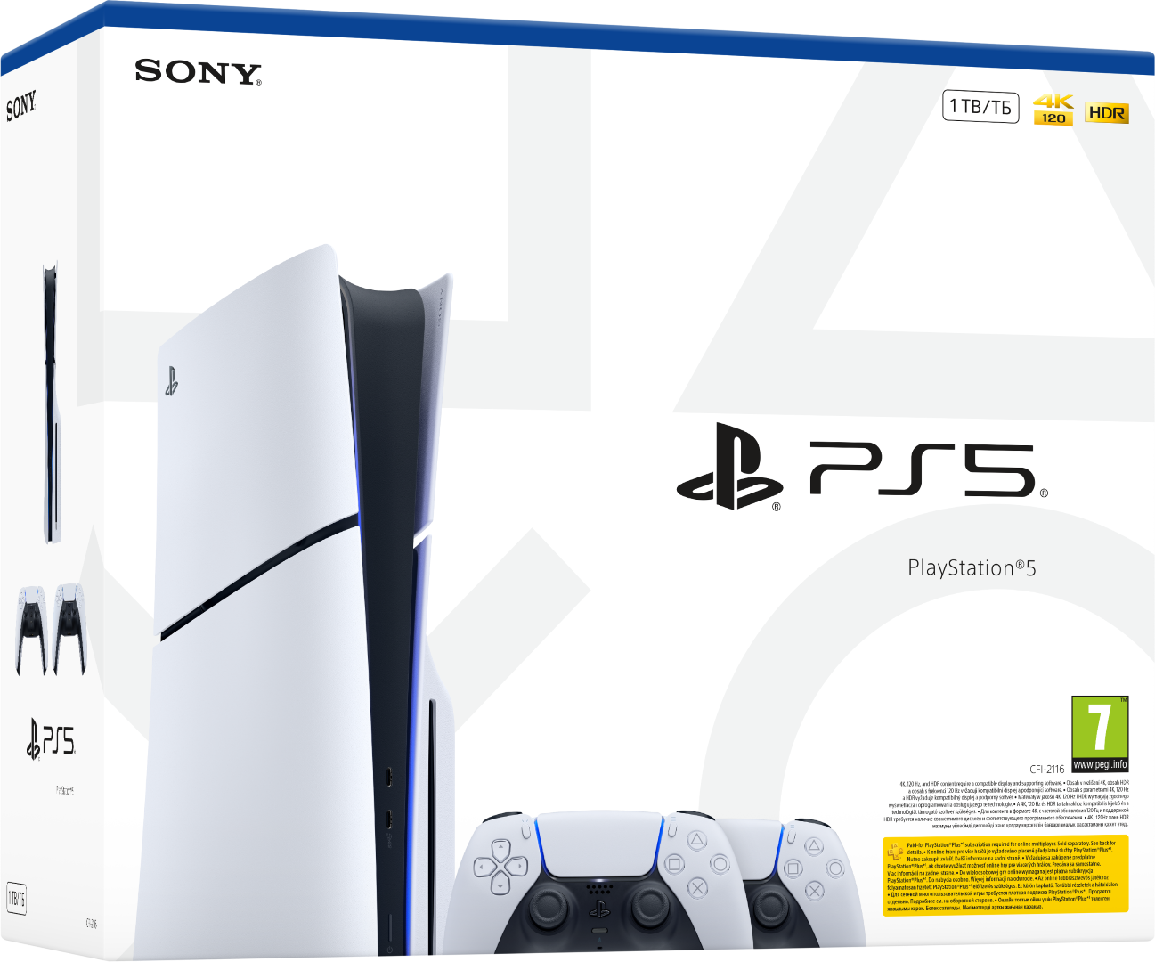 Pudełko PS5 z konsolą i kontrolerem. Biało-czarny design. Widoczne logo Sony i marka PS5.