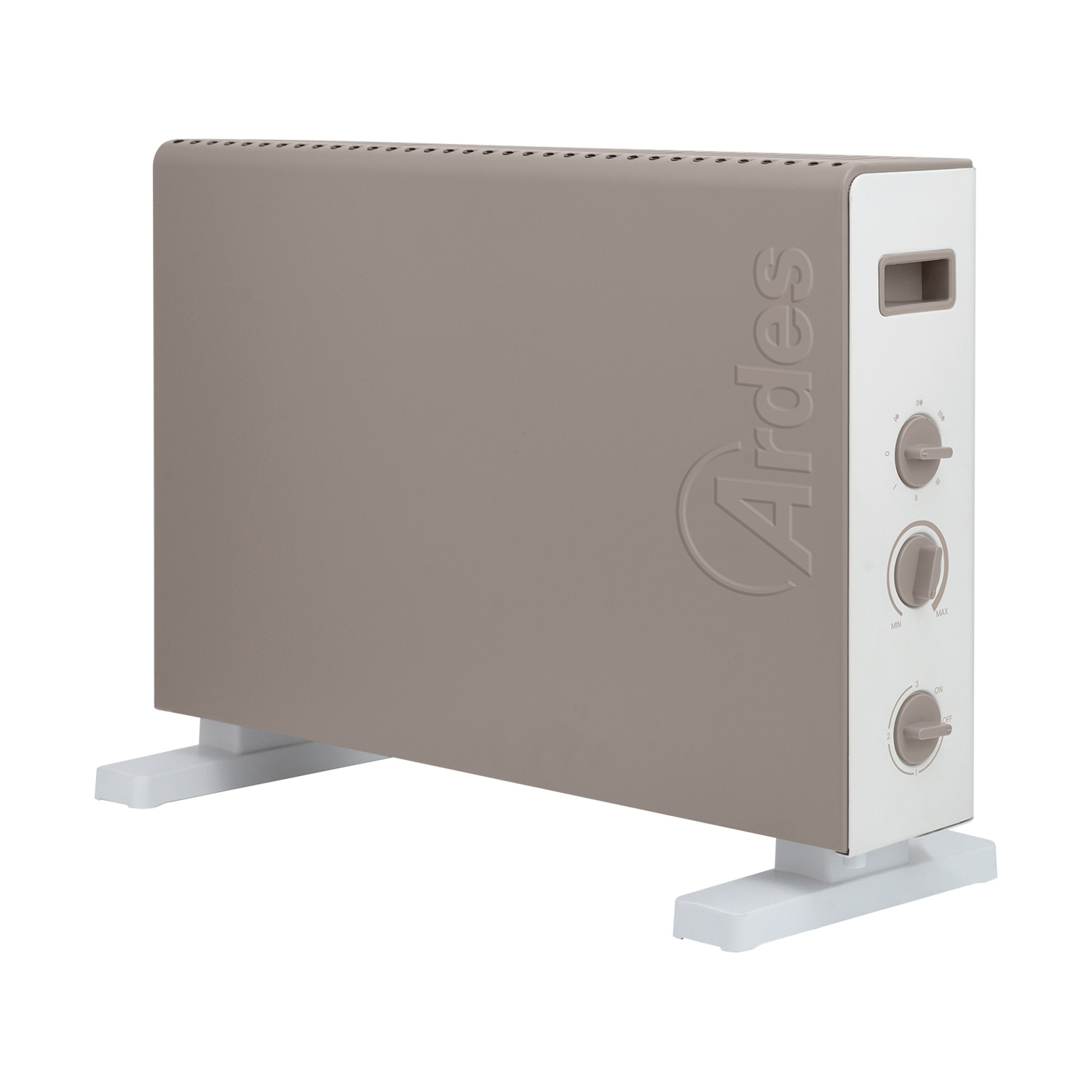 Un termoventilatore Ardes beige e bianco. Ha manopole di controllo e una base bianca.