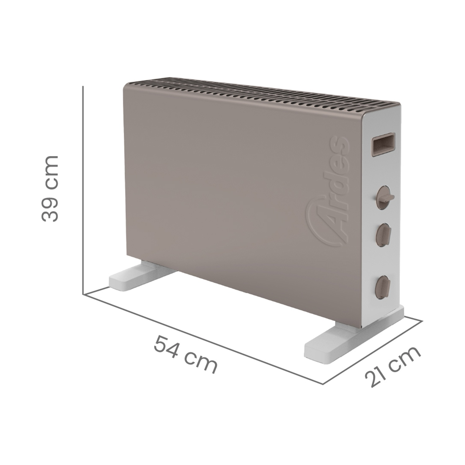 Un termoconvettore elettrico Ardes beige con dimensioni: 54 cm di lunghezza, 21 cm di larghezza e 39 cm di altezza. Ha piedini e manopole bianche.