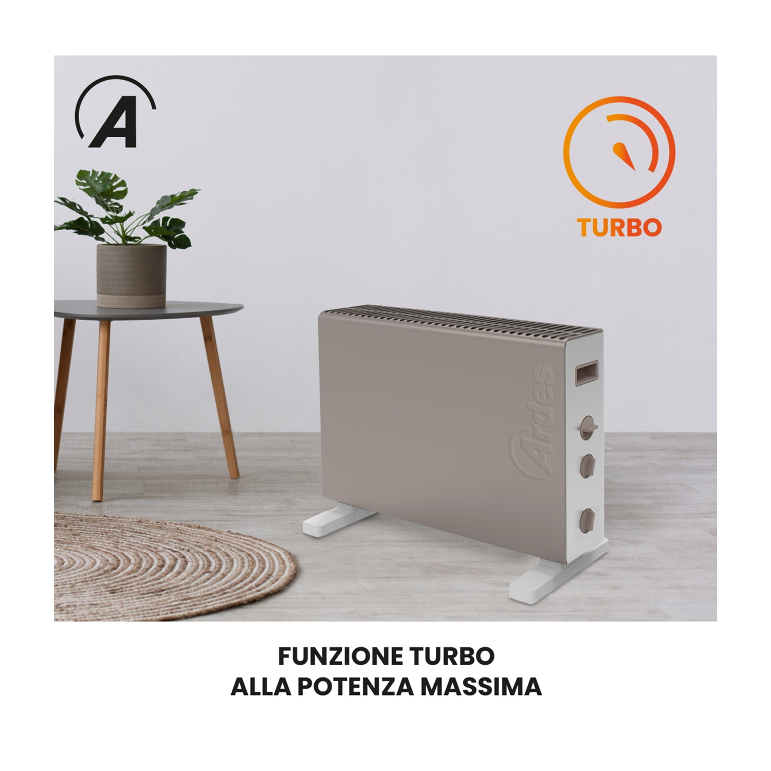Un termoventilatore elettrico Ardes beige con gambe bianche, un tavolino con una pianta e un logo turbo.