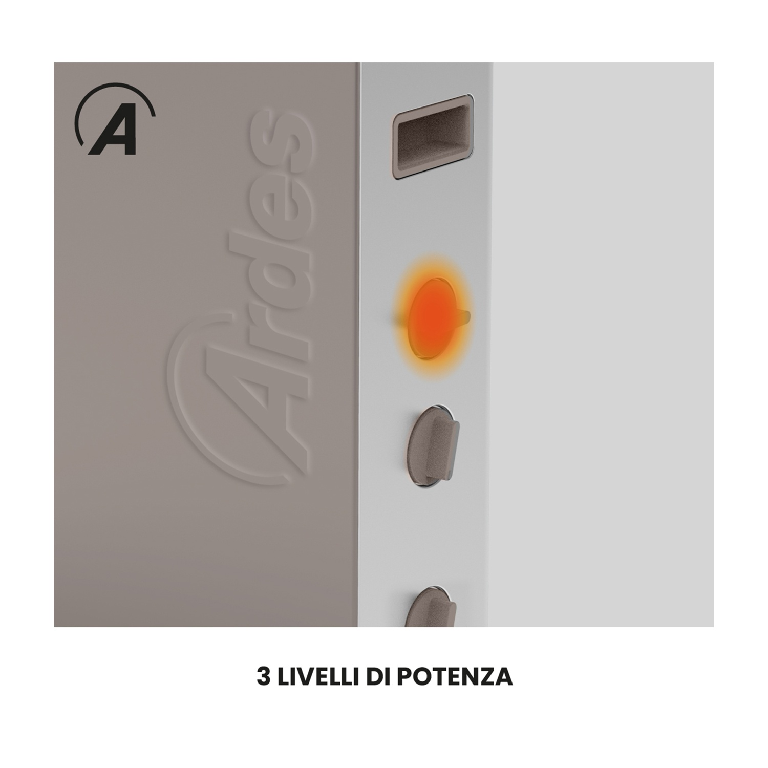 Primo piano di un elettrodomestico bianco con logo Ardes, luce arancione e indicatori di livello di potenza. Il testo recita '3 livelli di potenza'.