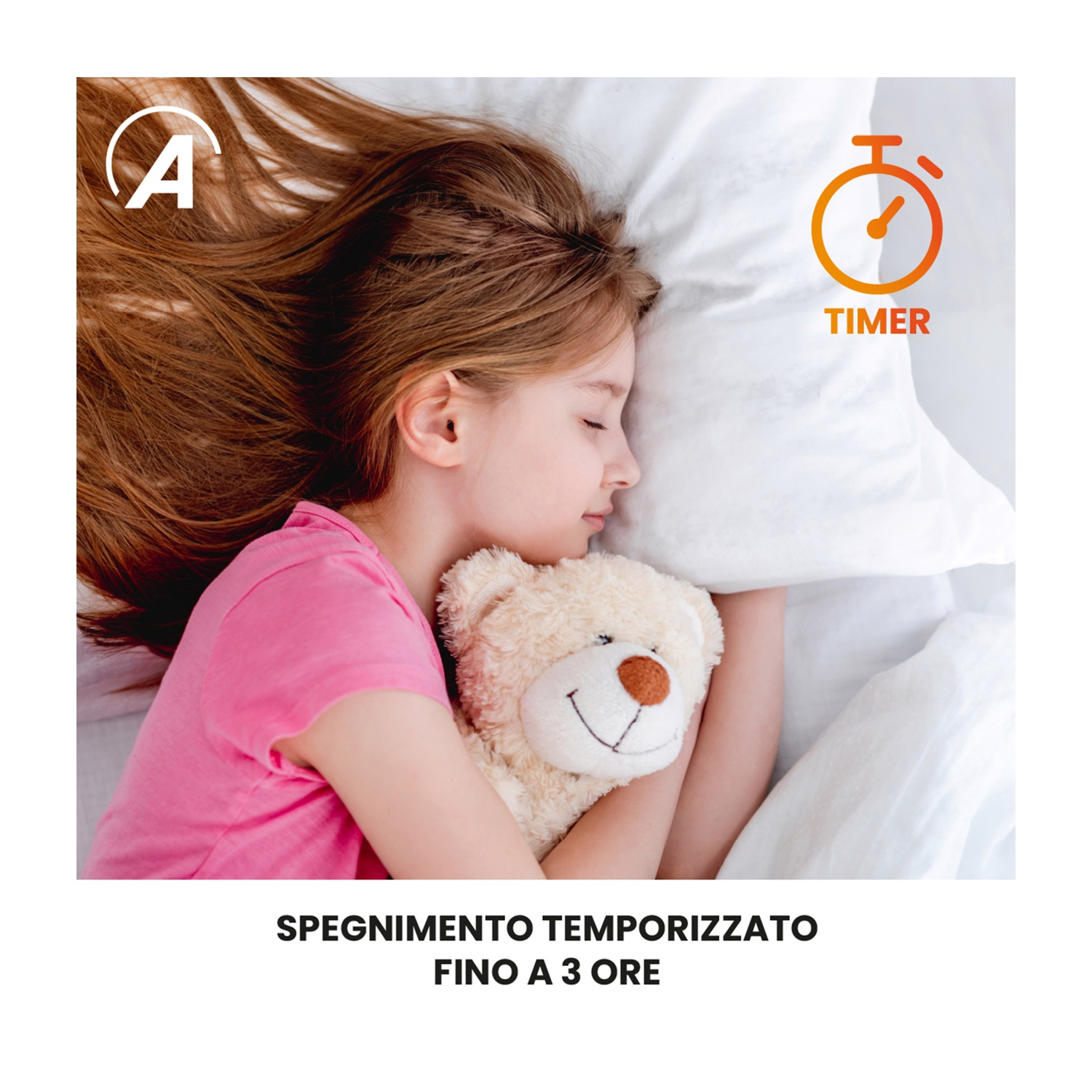 Una ragazza che dorme e abbraccia un orsacchiotto. L'immagine include un'icona del timer e un testo che indica un timer di spegnimento fino a 3 ore.