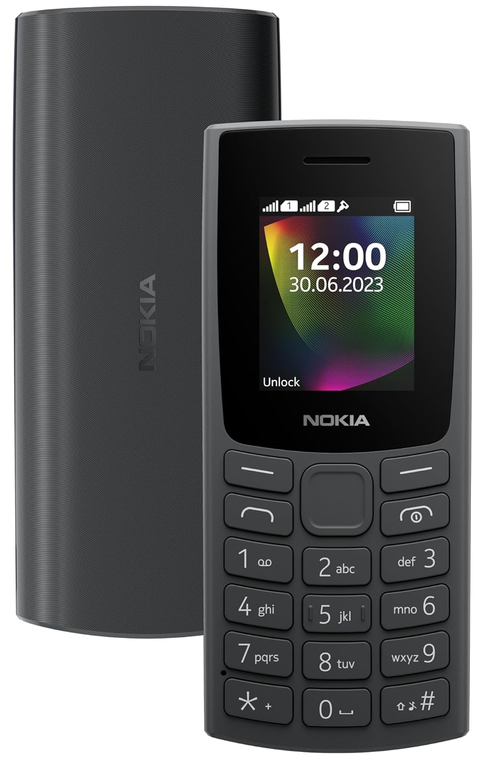 Saati gösteren bir ekrana sahip gri bir Nokia telefon. Telefonun tuş takımı ve ayrı bir arka kapağı var.