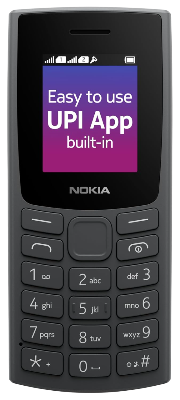 Koyu gri bir Nokia telefonu. Ekran 'Easy to use UPI App built-in' gösteriyor. Rakamlar ve semboller içeren bir tuş takımı var.