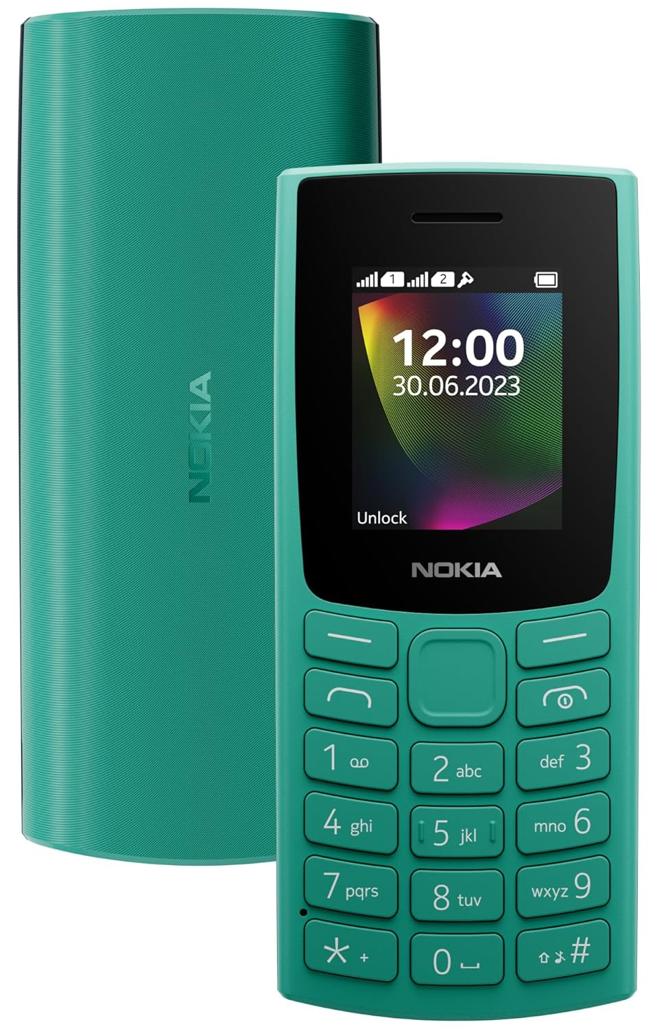 12:00, 30.06.2023 tarihini gösteren ekrana sahip, turkuaz renkli bir Nokia telefon. Solda turkuaz bir kapak var.
