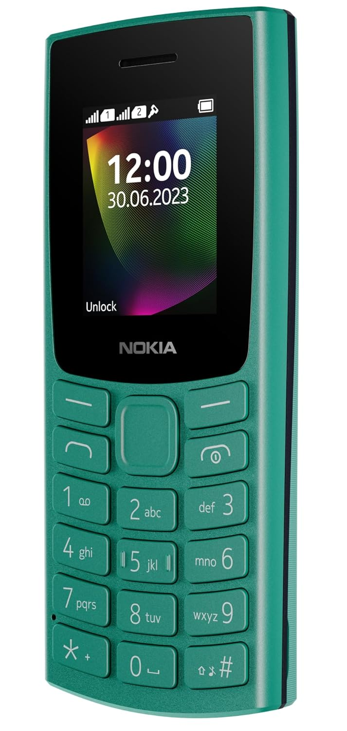 12:00 saatini ve 30.06.2023 tarihini gösteren yeşil bir Nokia telefonu. Tuş takımı ve ekranı var.