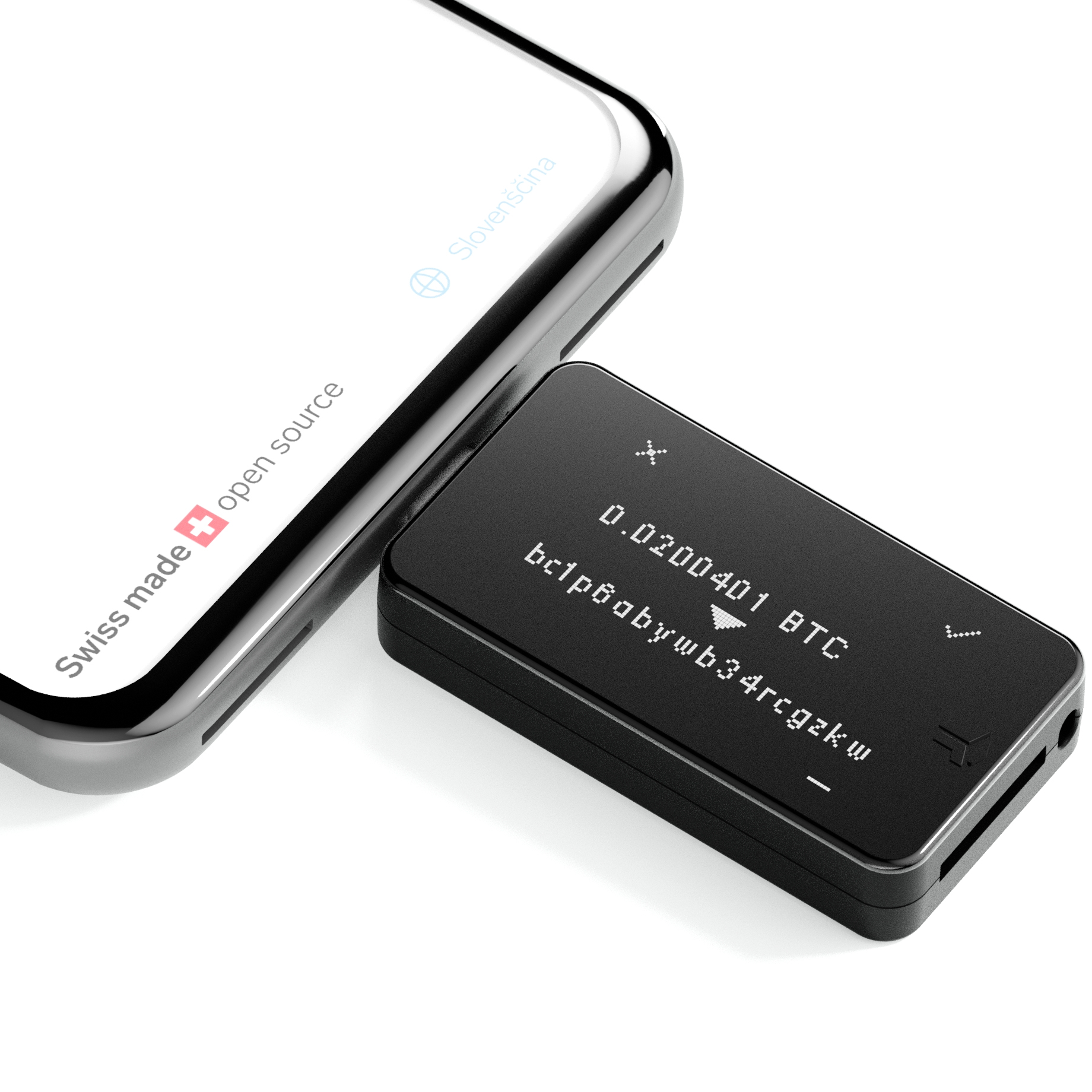 Eine schwarze Krypto-Hardware-Wallet und ein Smartphone liegen auf weißem Untergrund. Die Wallet zeigt Bitcoin-Betrag und Adresse.