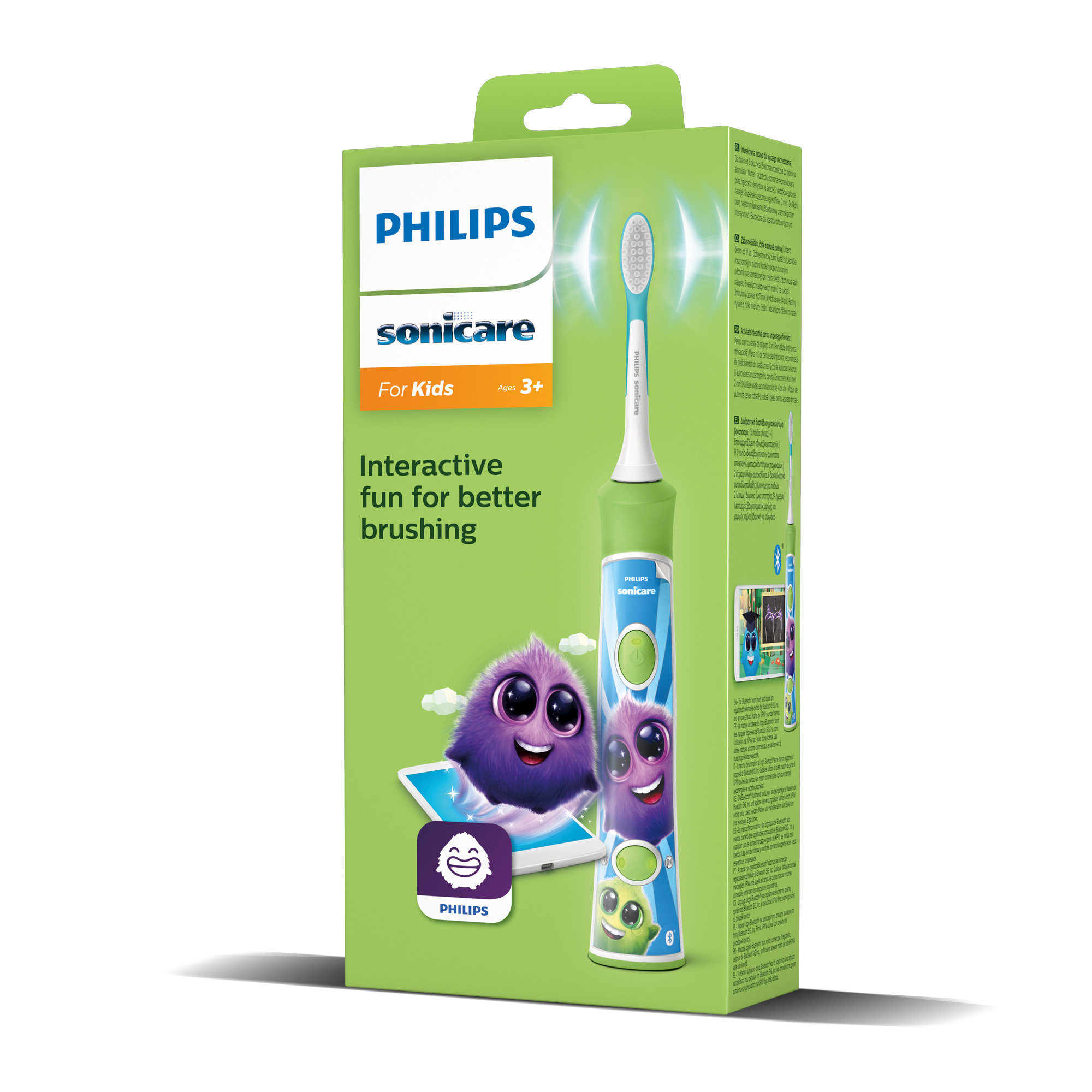 Cepillo de dientes eléctrico Philips Sonicare para niños con un monstruo morado.