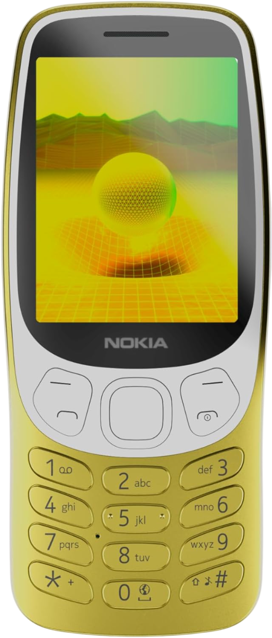 Sarı bir Nokia telefon. Ekranda bir ızgara üzerinde sarı bir küre görünüyor. Tuş takımı ve Nokia logosu görünür.