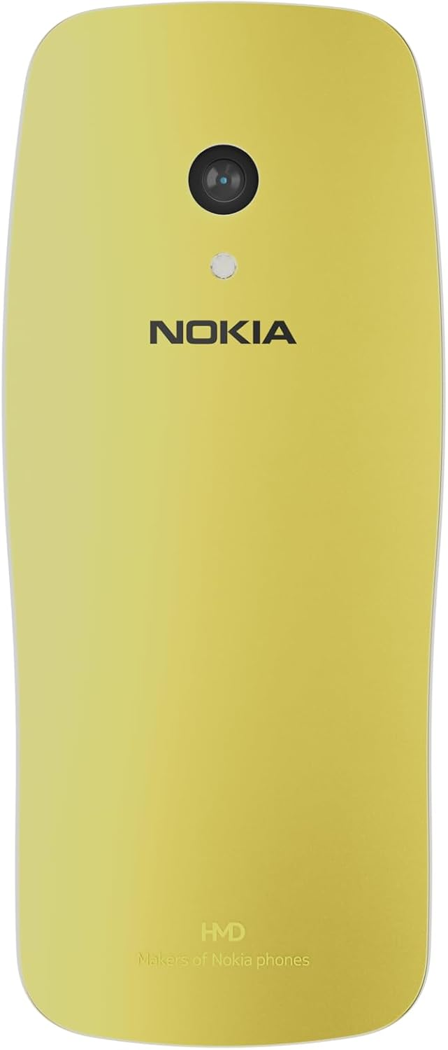 Sarı bir Nokia telefonun arkası, kamera, Nokia logosu ve Nokia telefonlarının yapımcıları HMD ile.