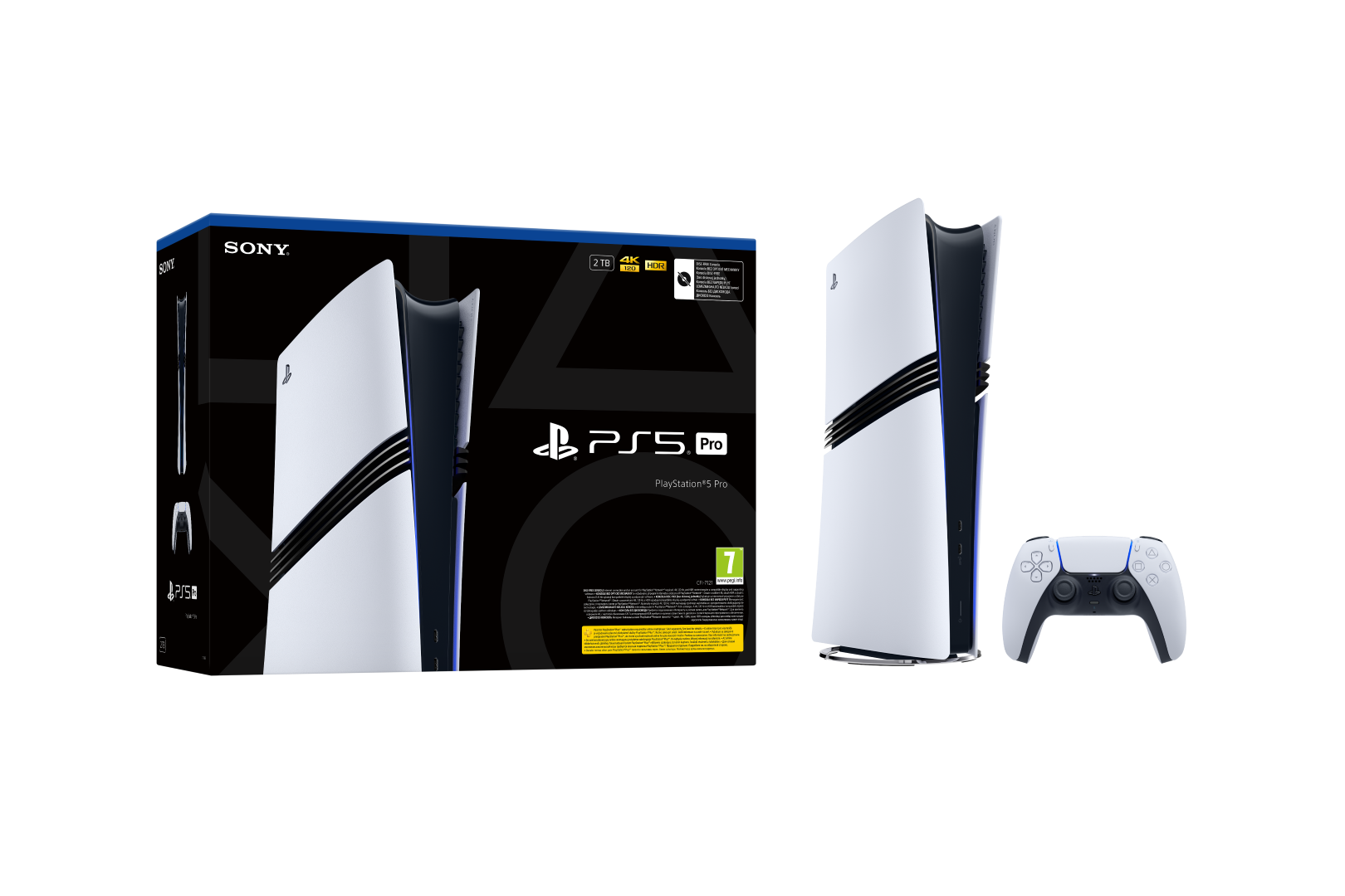 Konsola PS5 Pro, pudełko i kontroler. Biało-czarny design. Szczegóły: HDR, 4K, 2TB pamięci i klasyfikacja wiekowa.