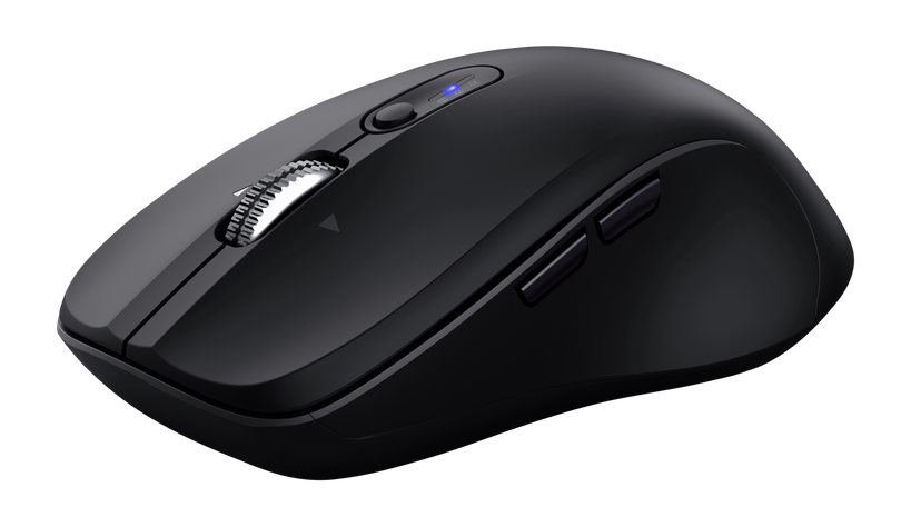 Czarna bezprzewodowa mysz komputerowa z kółkiem przewijania, dwoma bocznymi przyciskami i przyciskiem zasilania. Podświetlona na niebiesko.