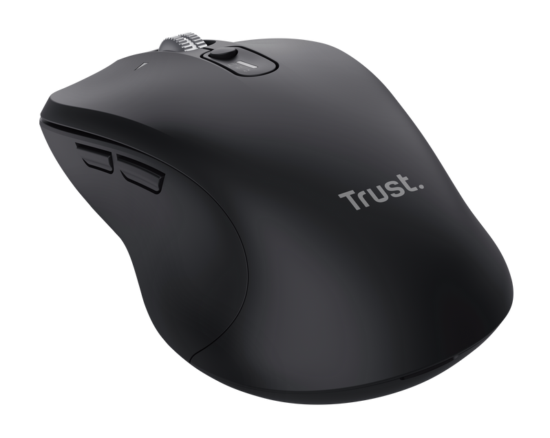 Czarna bezprzewodowa mysz komputerowa z kółkiem przewijania i dwoma bocznymi przyciskami, widoczna marka 'Trust'.