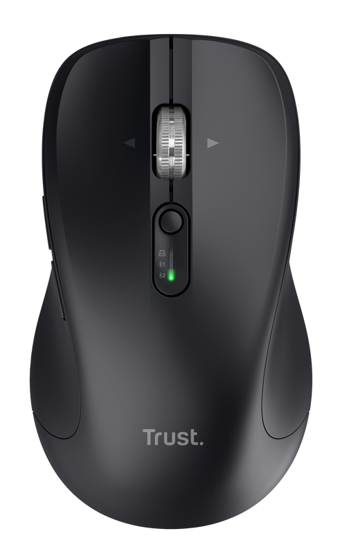 Czarna mysz komputerowa z kółkiem przewijania i przyciskami. Widoczna marka 'Trust'. Świeci się zielona dioda LED.