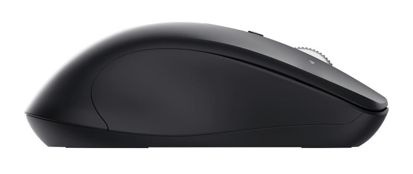 Widok z boku czarnej myszy komputerowej. Ma zakrzywiony kształt, kółko przewijania i czarny korpus.