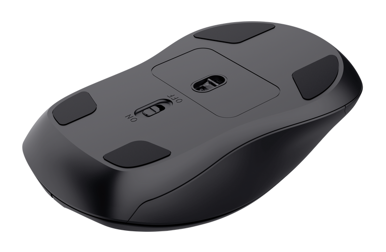 Spód czarnej myszy komputerowej. Ma cztery czarne podkładki i włącznik/wyłącznik. Tło jest czarne.