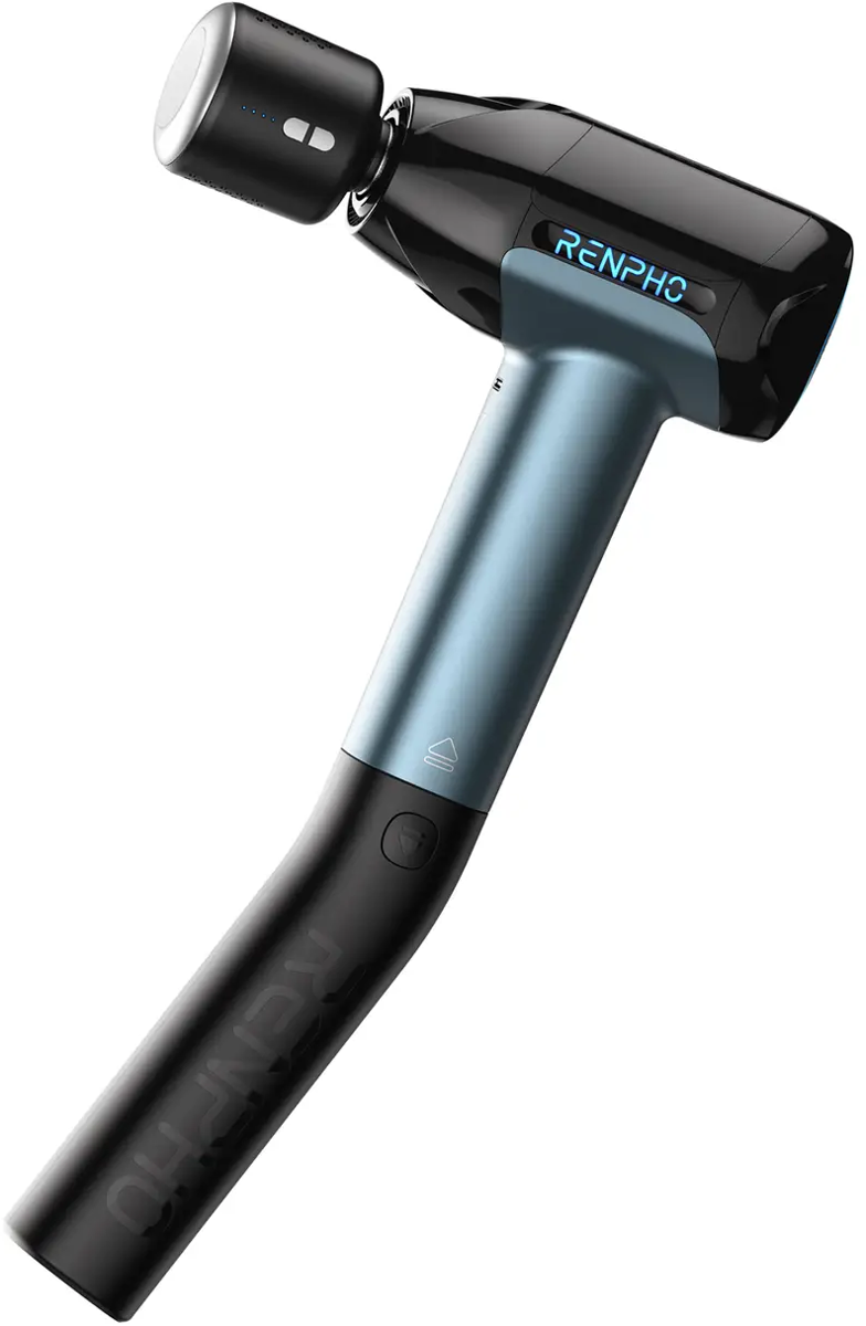Gezeigt wird eine schwarz-blaue RENPHO-Massagepistole. Sie hat eine T-Form mit drehbarem Kopf. Der Griff ist gebogen.